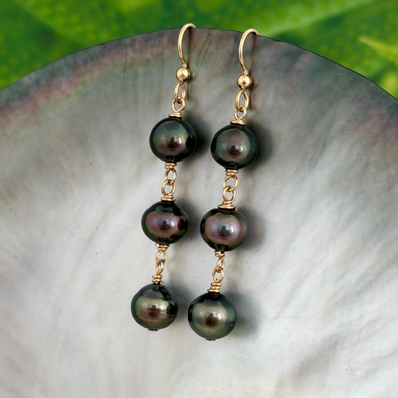 Tahitian Pearl Earrings • Triple Drop Dangle • Gold Filled Jewelry Handmade in Hawaii