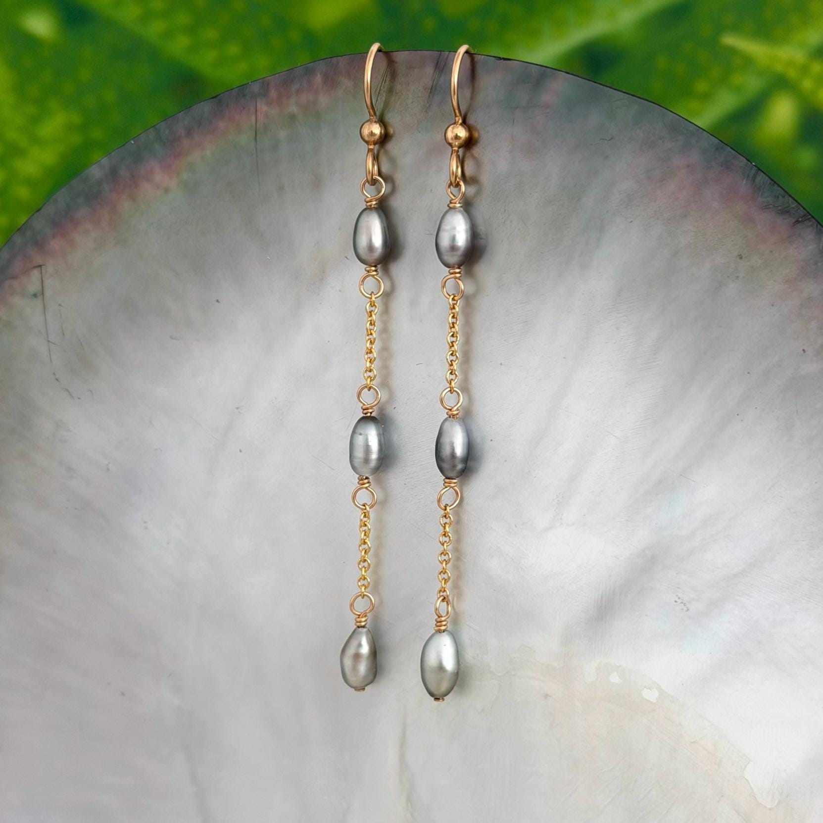 Tahitian Keshi Pearl Earrings • Dangle Gold filled chain