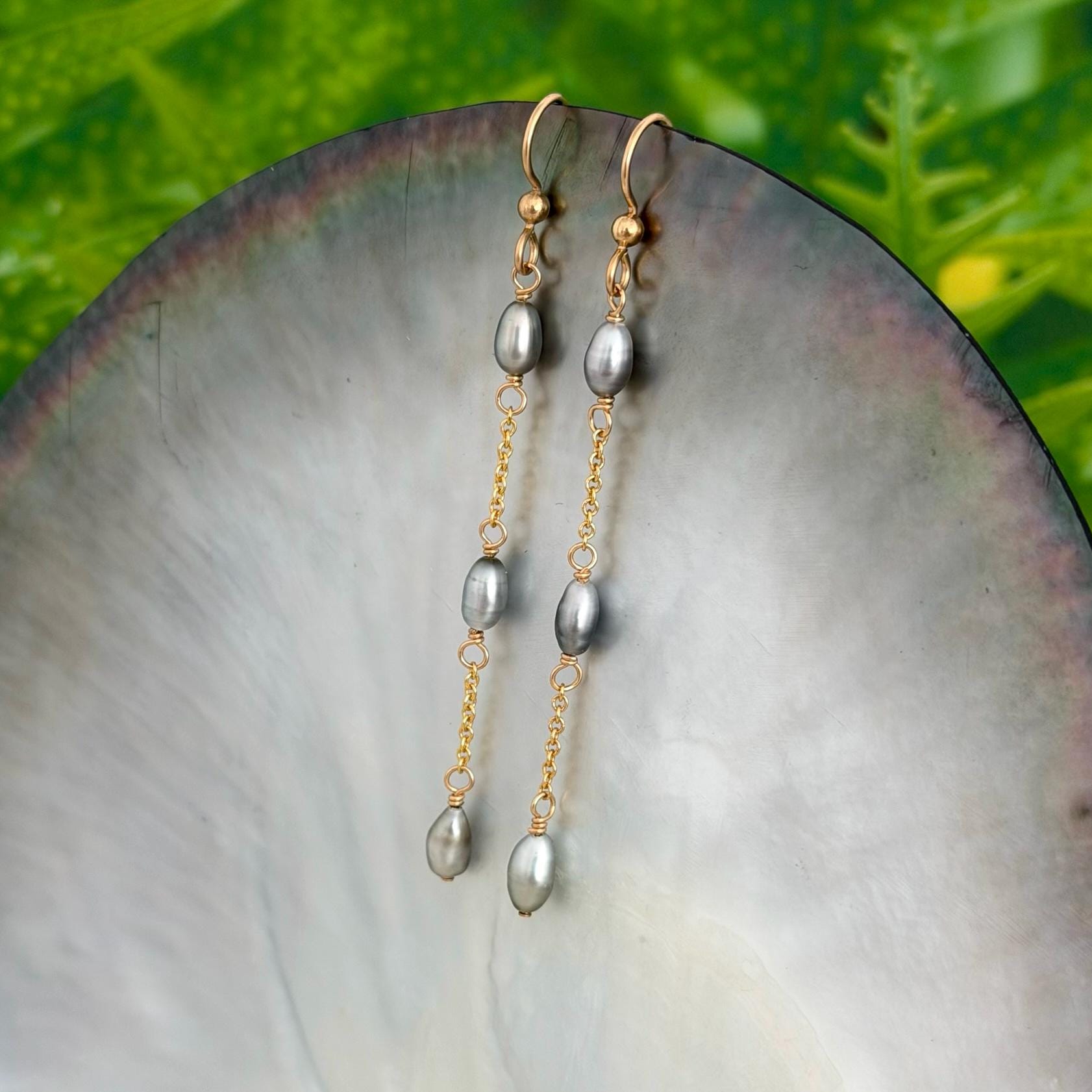 Tahitian Keshi Pearl Earrings • Dangle Gold filled chain