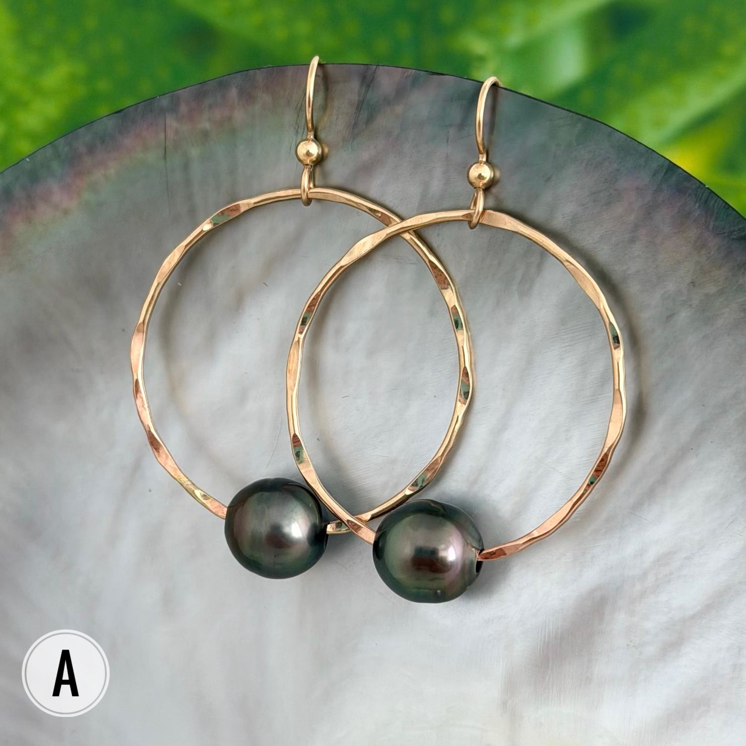 Tahitian pearl hoops earrings • Hawaiian jewelry • Hammered Gold filled