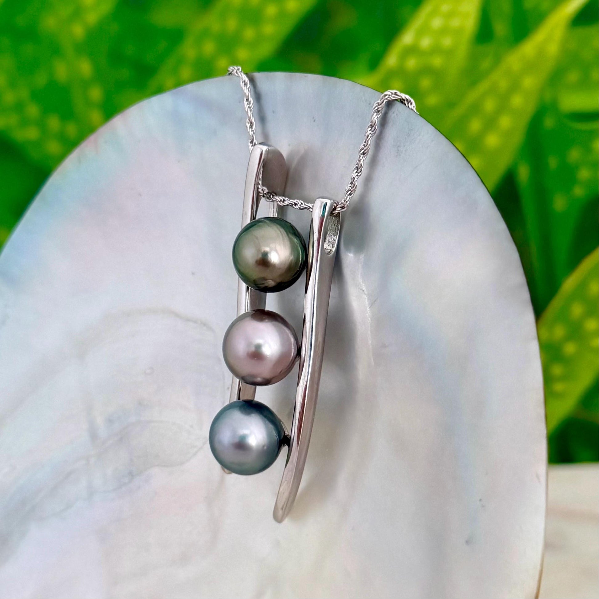 Triple Tahitian Pearl Necklace • RARE colorful pendant • Sterling silver • Blue, Green and Pink