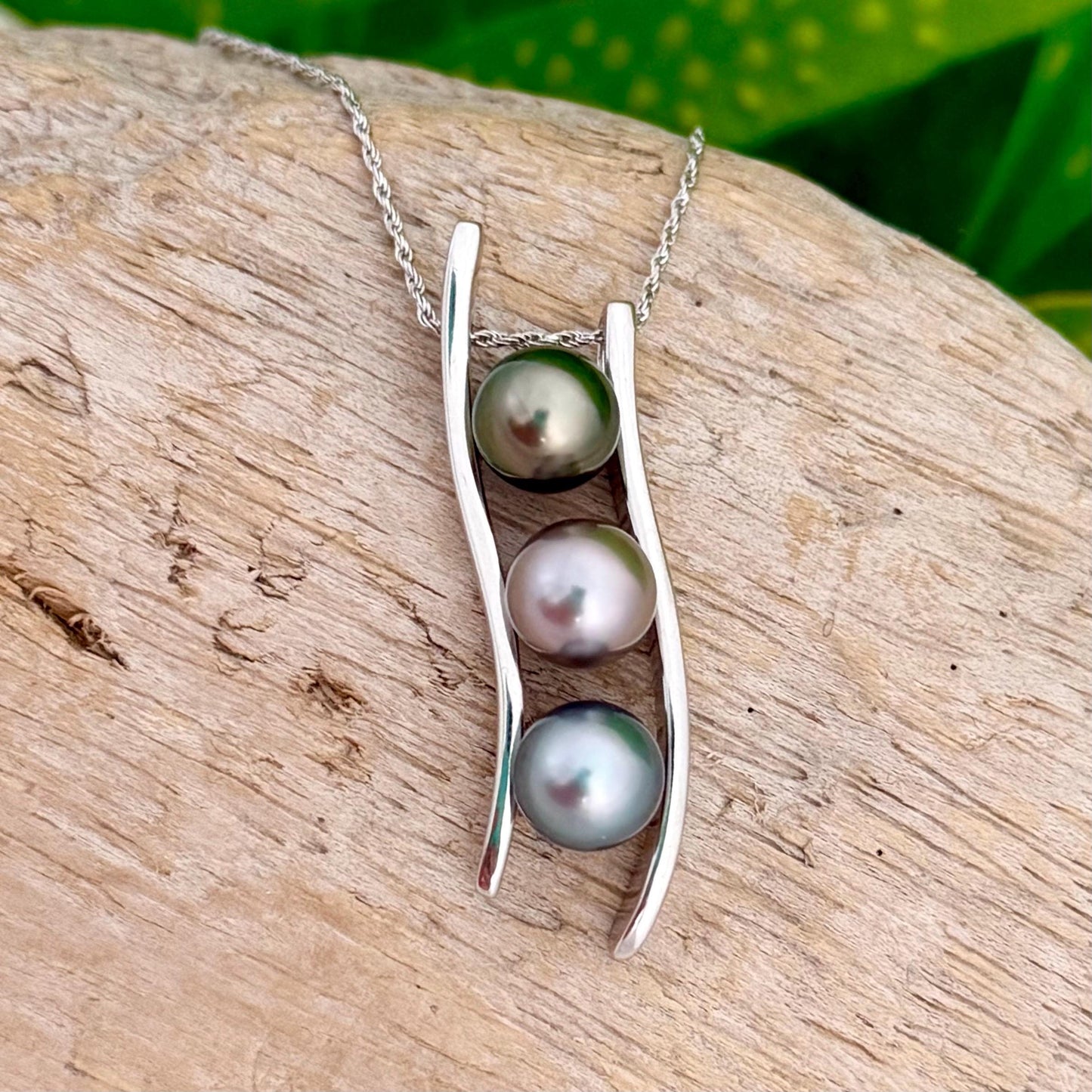 Triple Tahitian Pearl Necklace • RARE colorful pendant • Sterling silver • Blue, Green and Pink