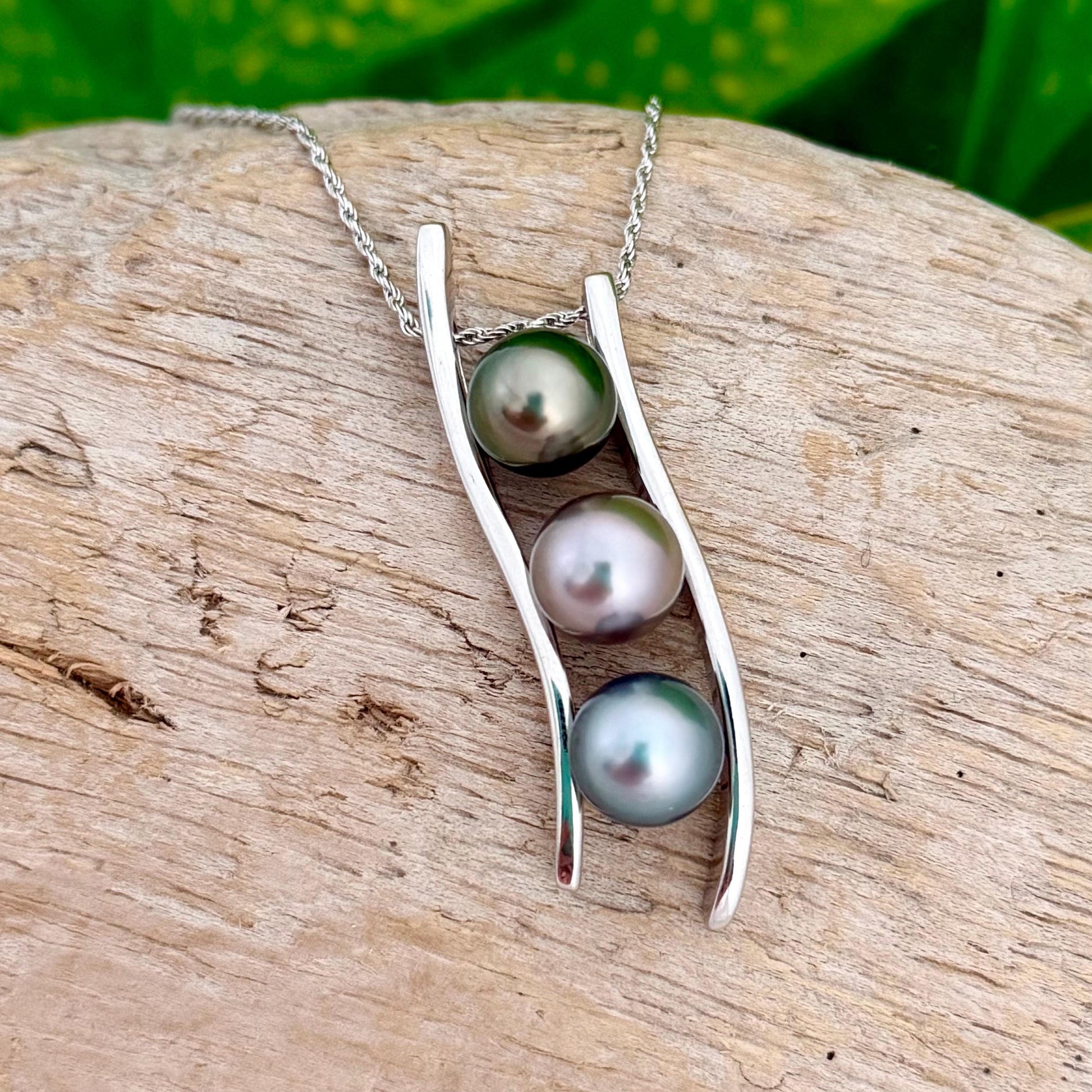 Triple Tahitian Pearl Necklace • RARE colorful pendant • Sterling silver • Blue, Green and Pink