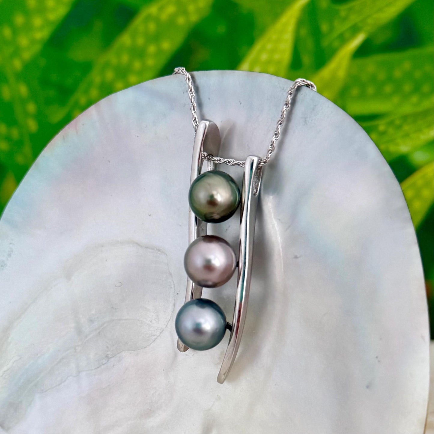 Triple Tahitian Pearl Necklace • RARE colorful pendant • Sterling silver • Blue, Green and Pink