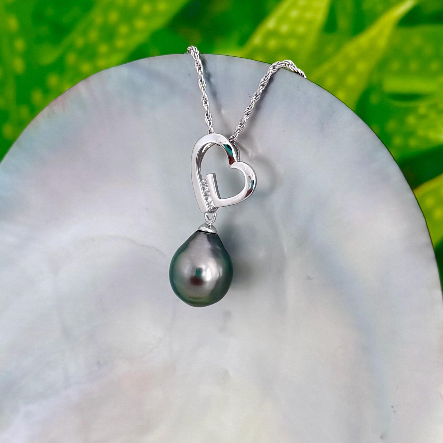 Tahitian Pearl Heart Necklace: Sterling Silver , CZ Accent pendant