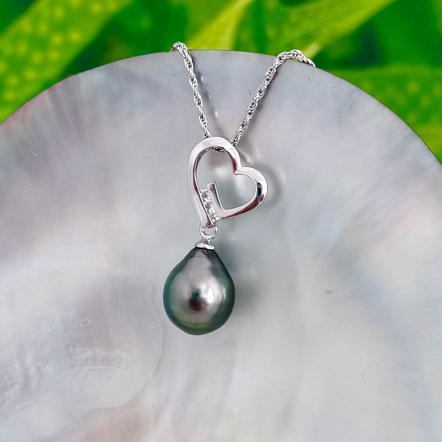 Tahitian Pearl Heart Necklace: Sterling Silver , CZ Accent pendant