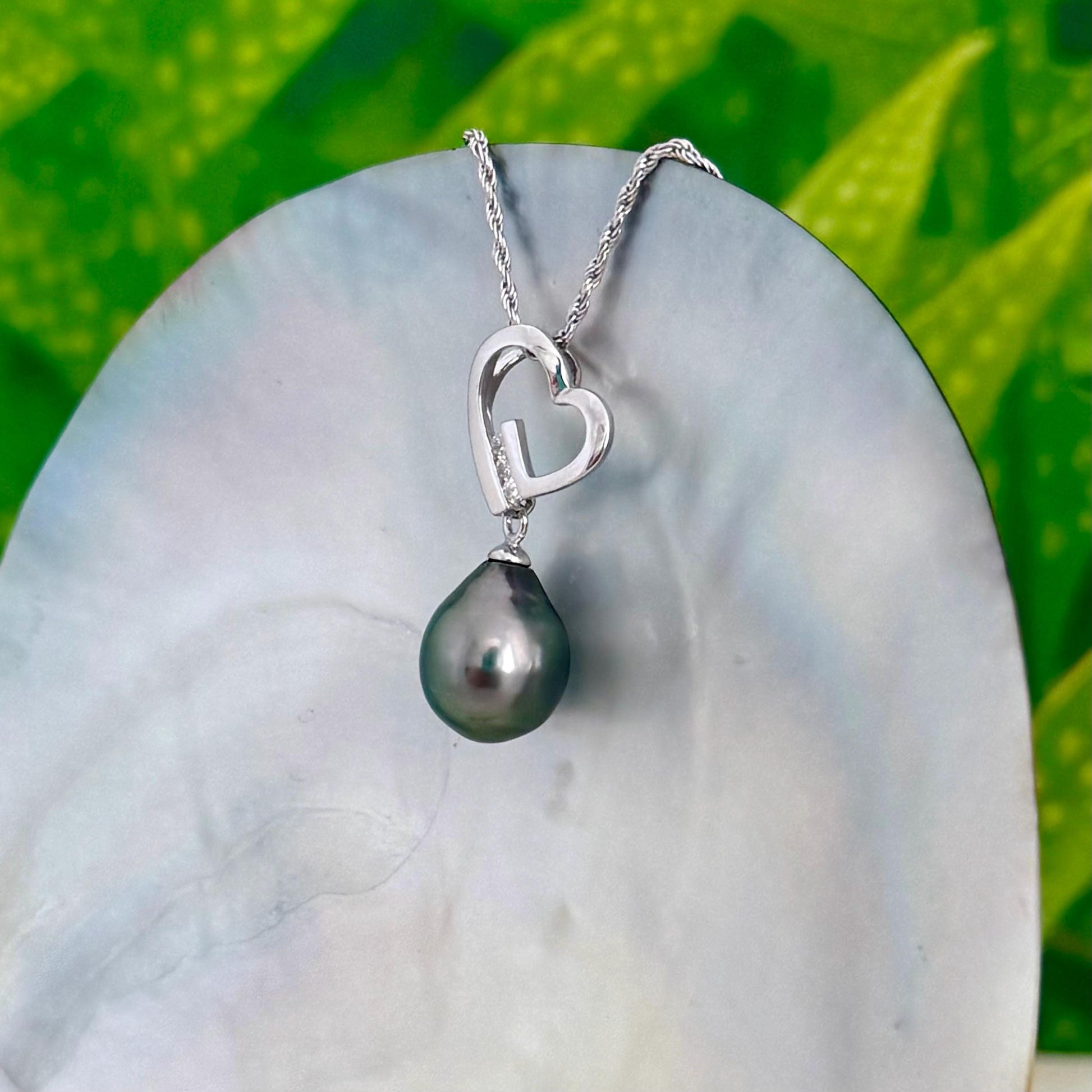 Tahitian Pearl Heart Necklace: Sterling Silver , CZ Accent pendant