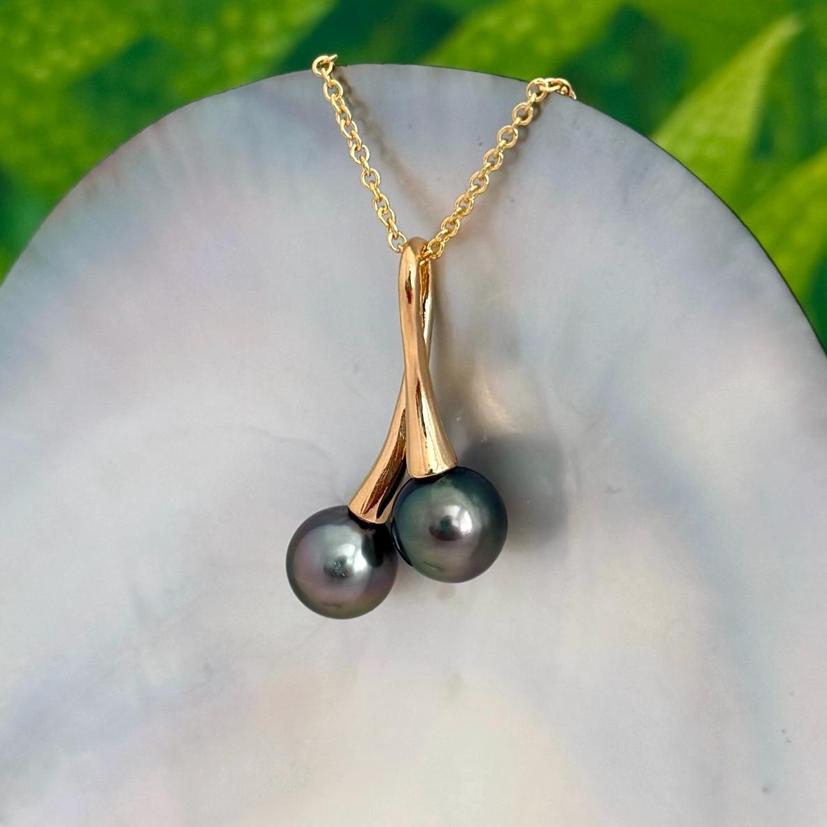 Tahitian pearl necklace • Duo pendant • Gold Double design • Peacock Green and Pink