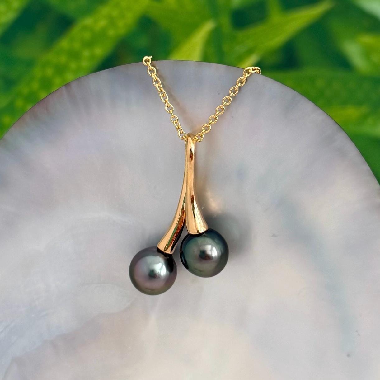 Tahitian pearl necklace • Duo pendant • Gold Double design • Peacock Green and Pink