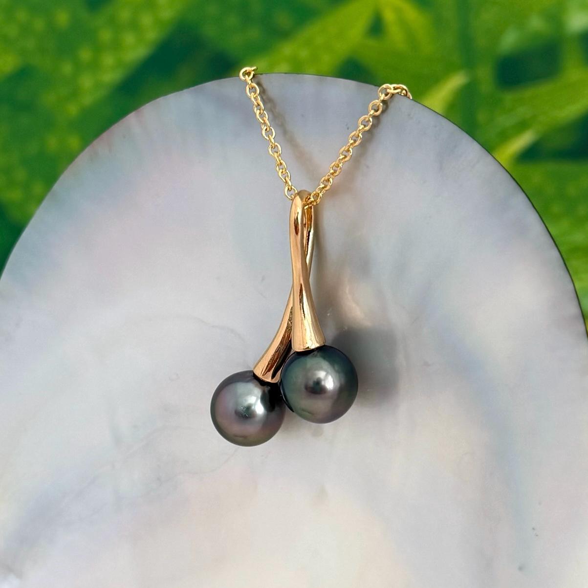 Tahitian pearl necklace • Duo pendant • Gold Double design • Peacock Green and Pink