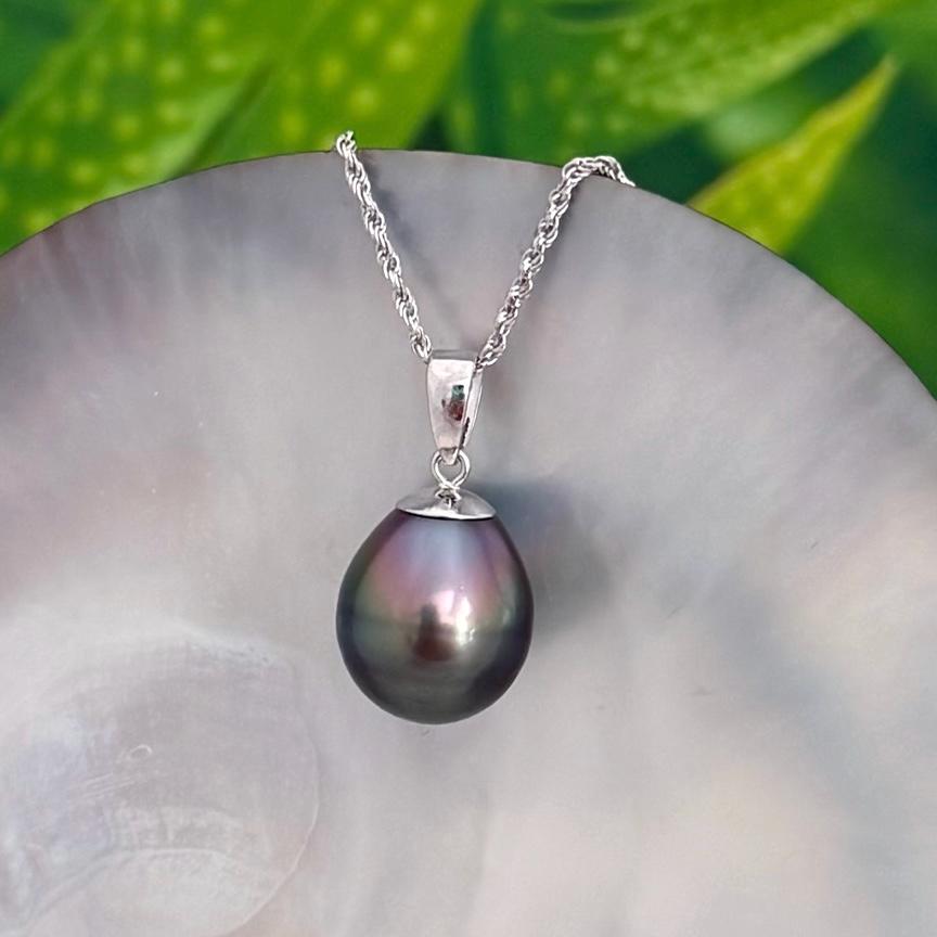 11.8mm Tahitian Pearl Pendant: Solid white Gold necklace • Peacock teardrop