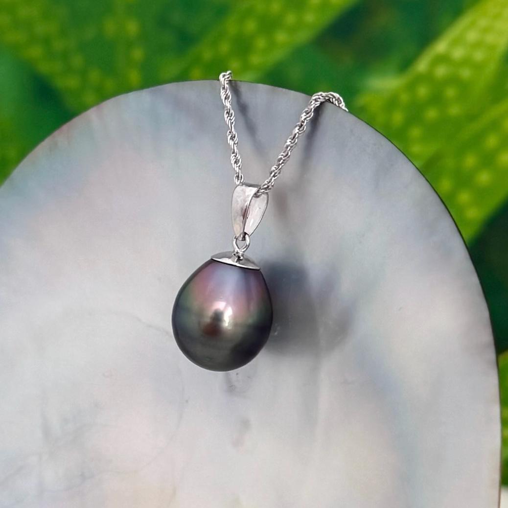 11.8mm Tahitian Pearl Pendant: Solid white Gold necklace • Peacock teardrop