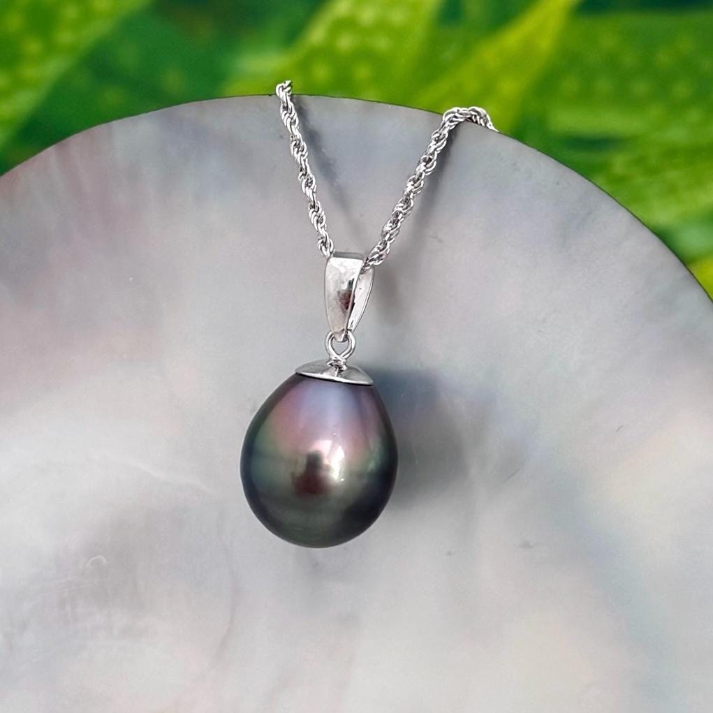 11.8mm Tahitian Pearl Pendant: Solid white Gold necklace • Peacock teardrop