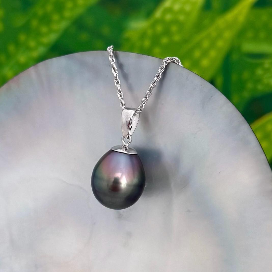 11.8mm Tahitian Pearl Pendant: Solid white Gold necklace • Peacock teardrop