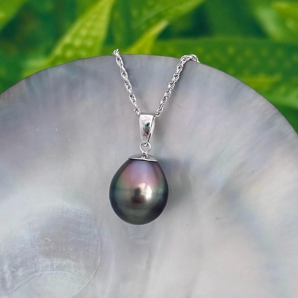 11.8mm Tahitian Pearl Pendant: Solid white Gold necklace • Peacock teardrop