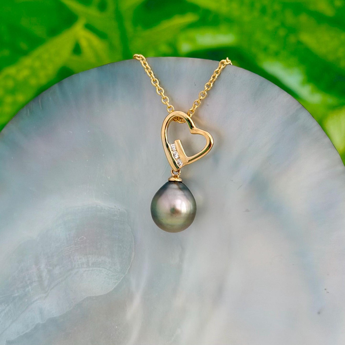 Tahitian Pearl Heart Necklace: Gold plated, CZ Accent pendant • Gold pearl