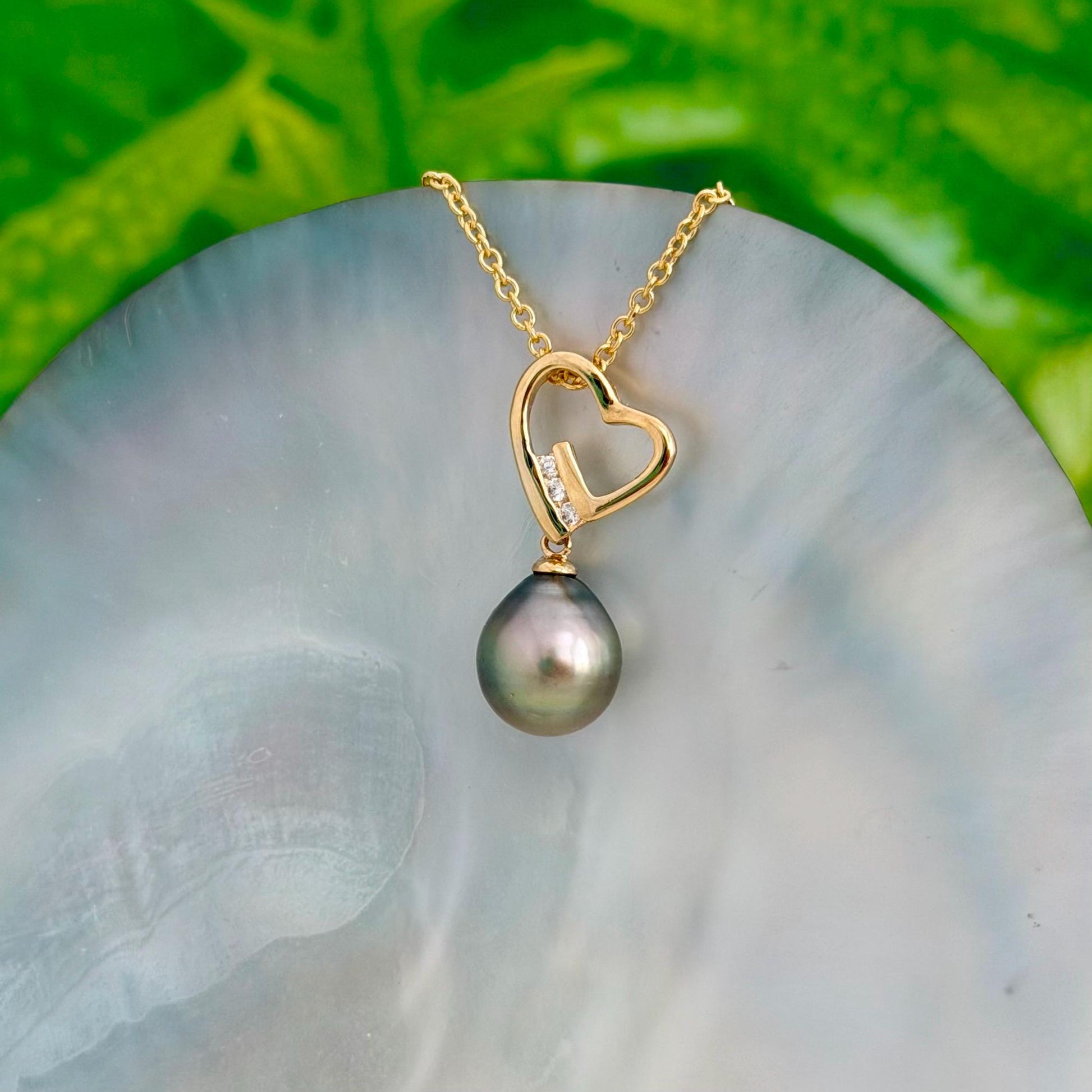 Tahitian Pearl Heart Necklace: Gold plated, CZ Accent pendant • Gold pearl