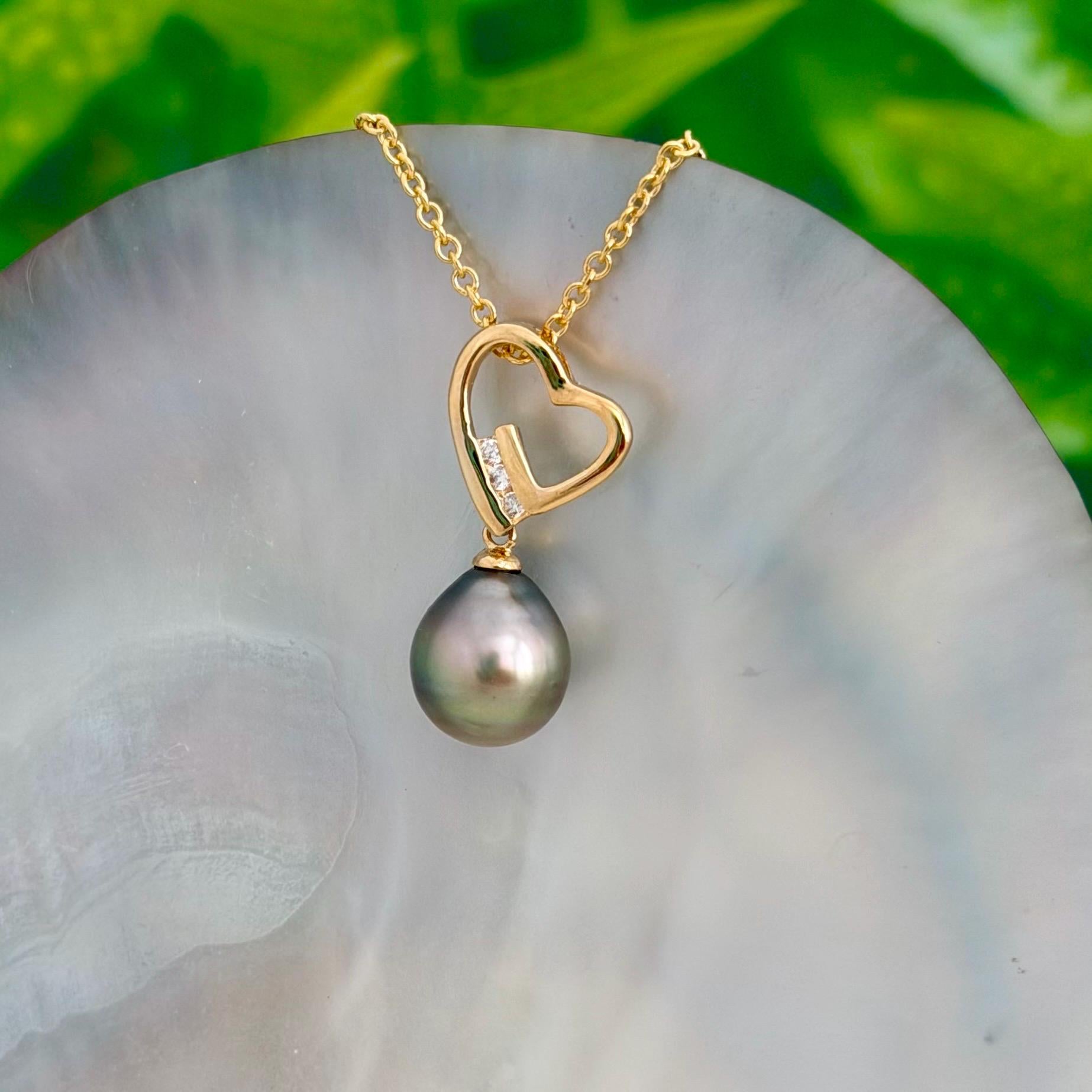 Tahitian Pearl Heart Necklace: Gold plated, CZ Accent pendant • Gold pearl