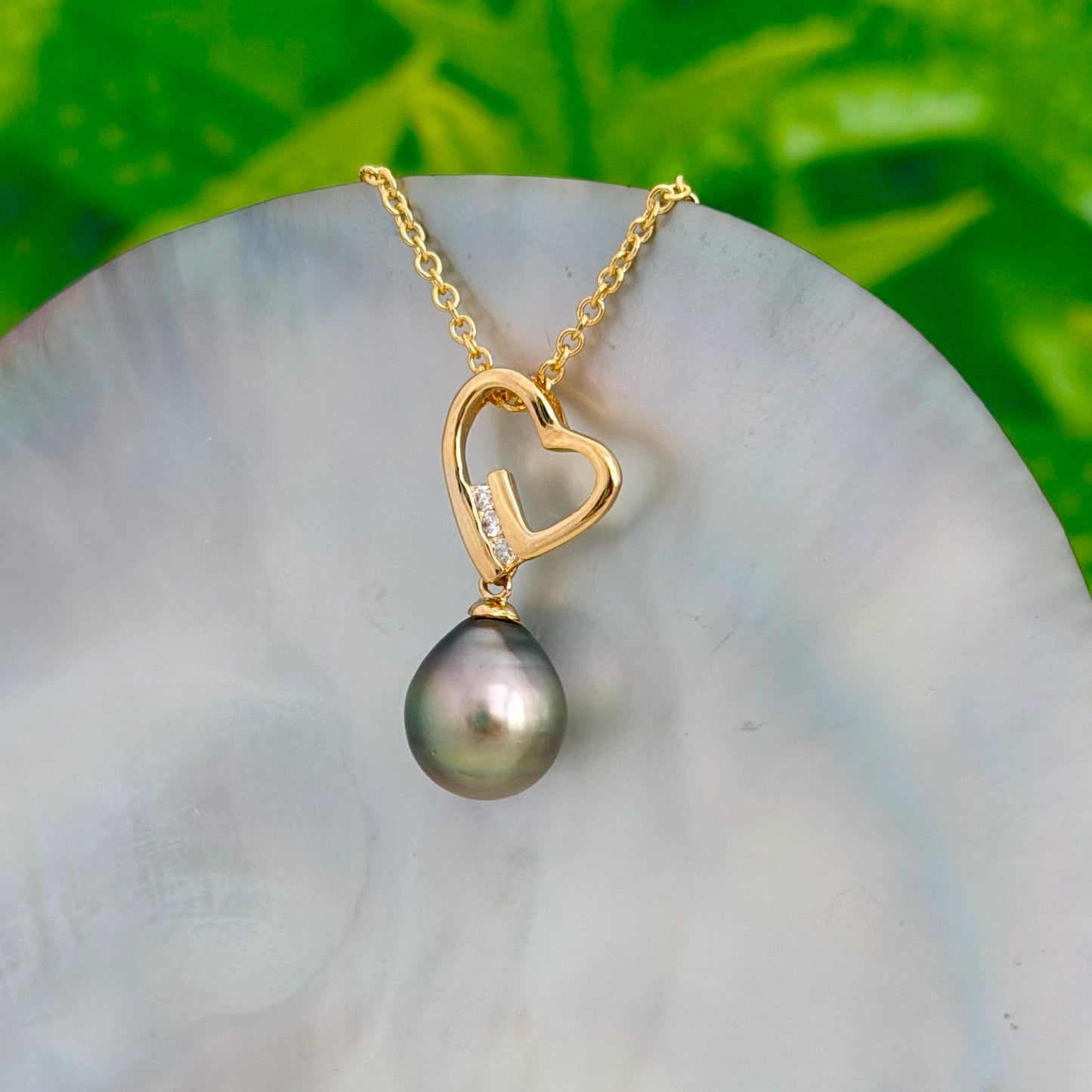 Tahitian Pearl Heart Necklace: Gold plated, CZ Accent pendant • Gold pearl