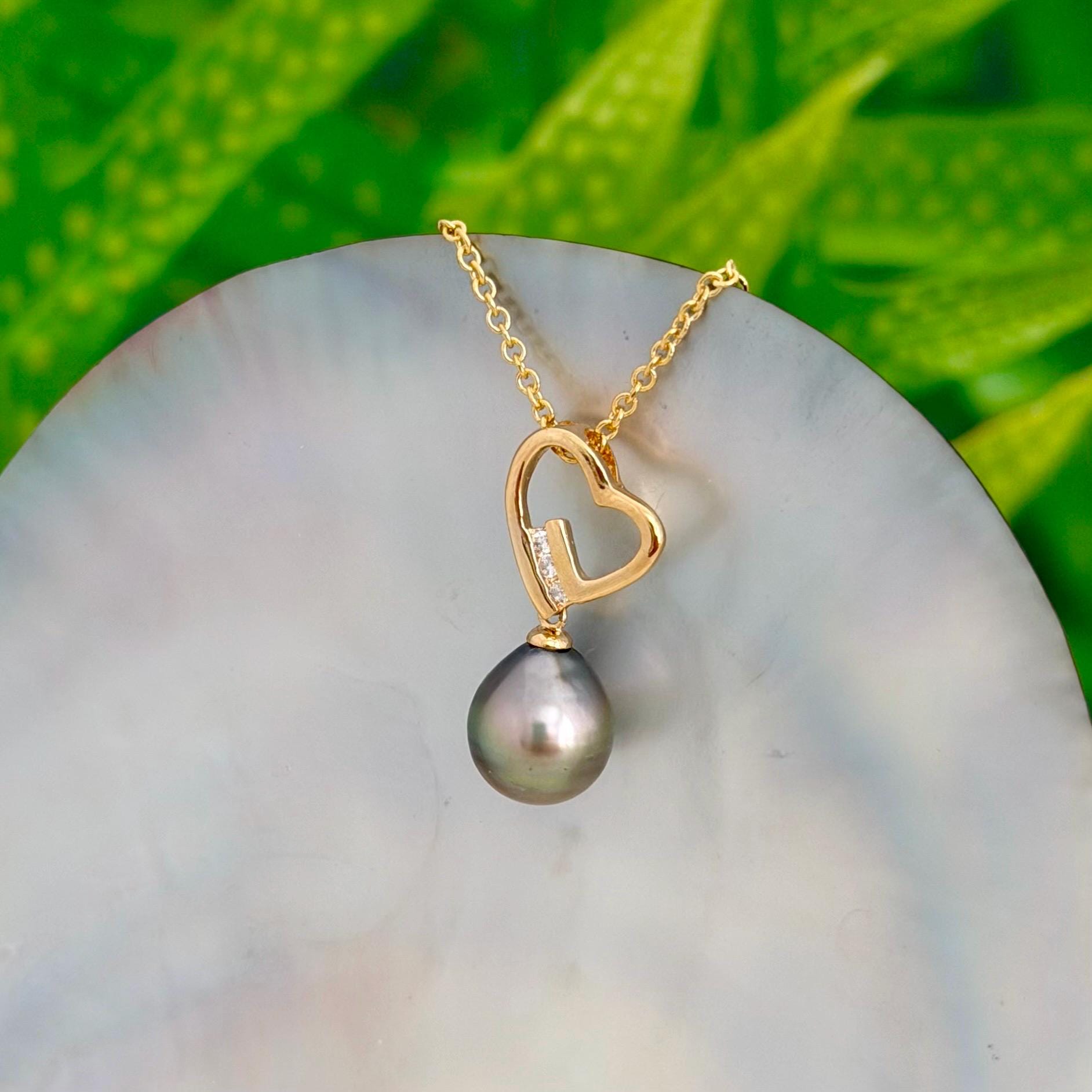 Tahitian Pearl Heart Necklace: Gold plated, CZ Accent pendant • Gold pearl