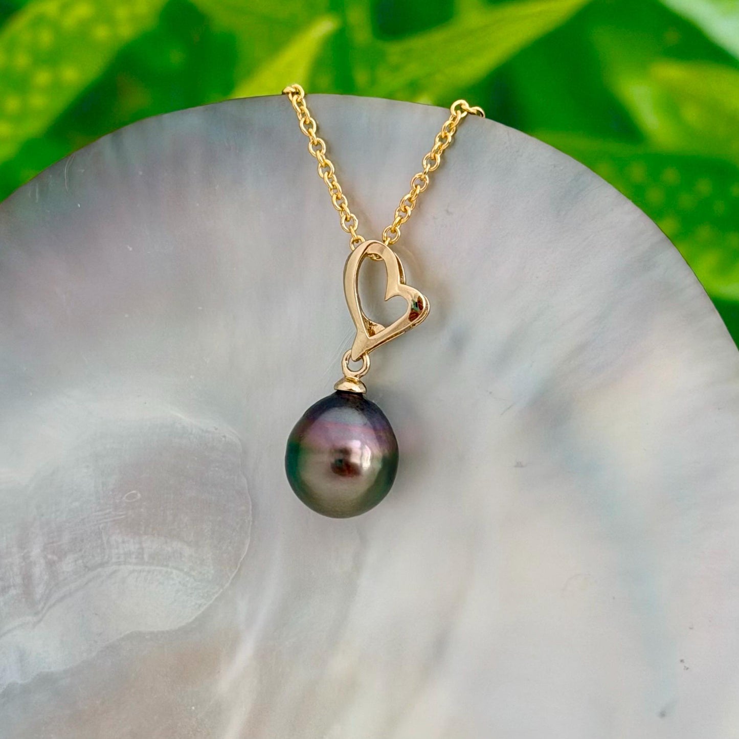 Tahitian Pearl Heart Necklace • Peacock color • Gold vermeil pendant