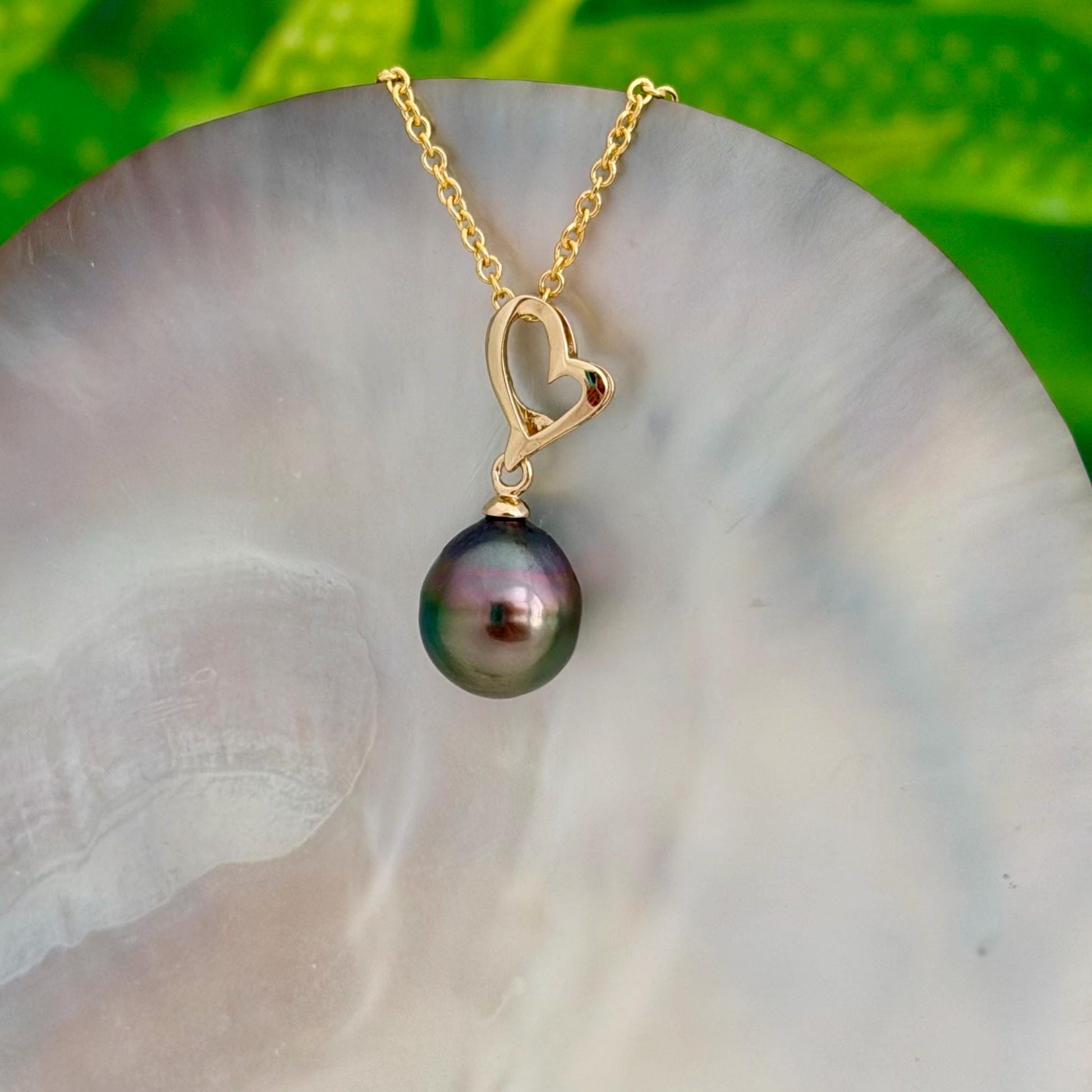 Tahitian Pearl Heart Necklace • Peacock color • Gold vermeil pendant