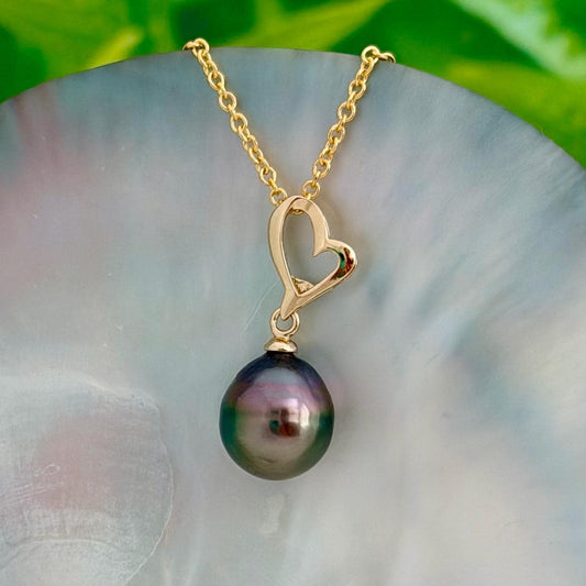 Tahitian Pearl Heart Necklace • Peacock color • Gold vermeil pendant