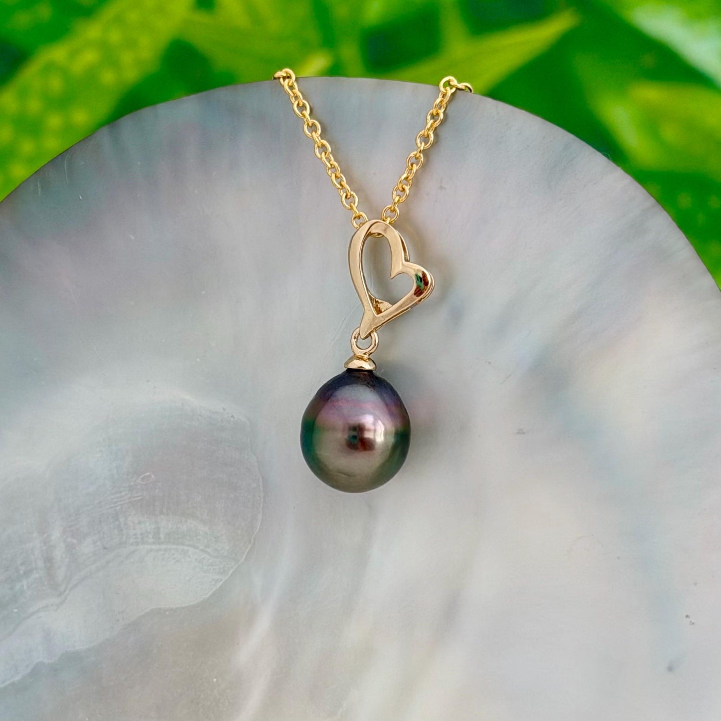 Tahitian Pearl Heart Necklace • Peacock color • Gold vermeil pendant