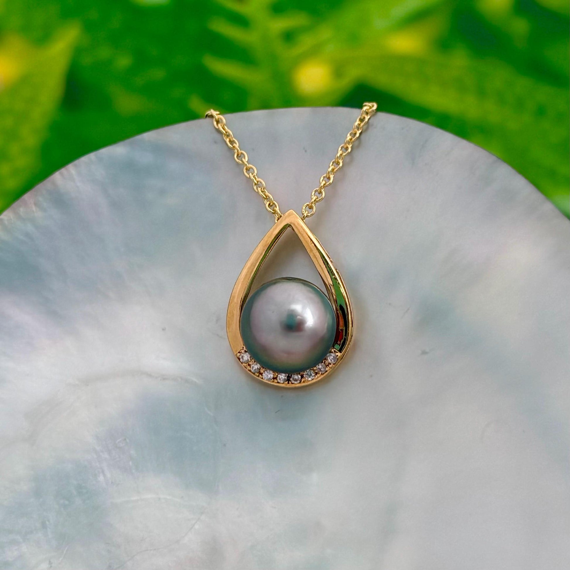 Teardrop Tahitian pearl pendant with beautiful peacock • Statement necklace with CZ