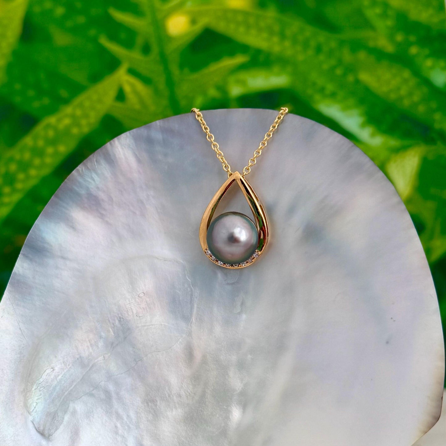 Teardrop Tahitian pearl pendant with beautiful peacock • Statement necklace with CZ