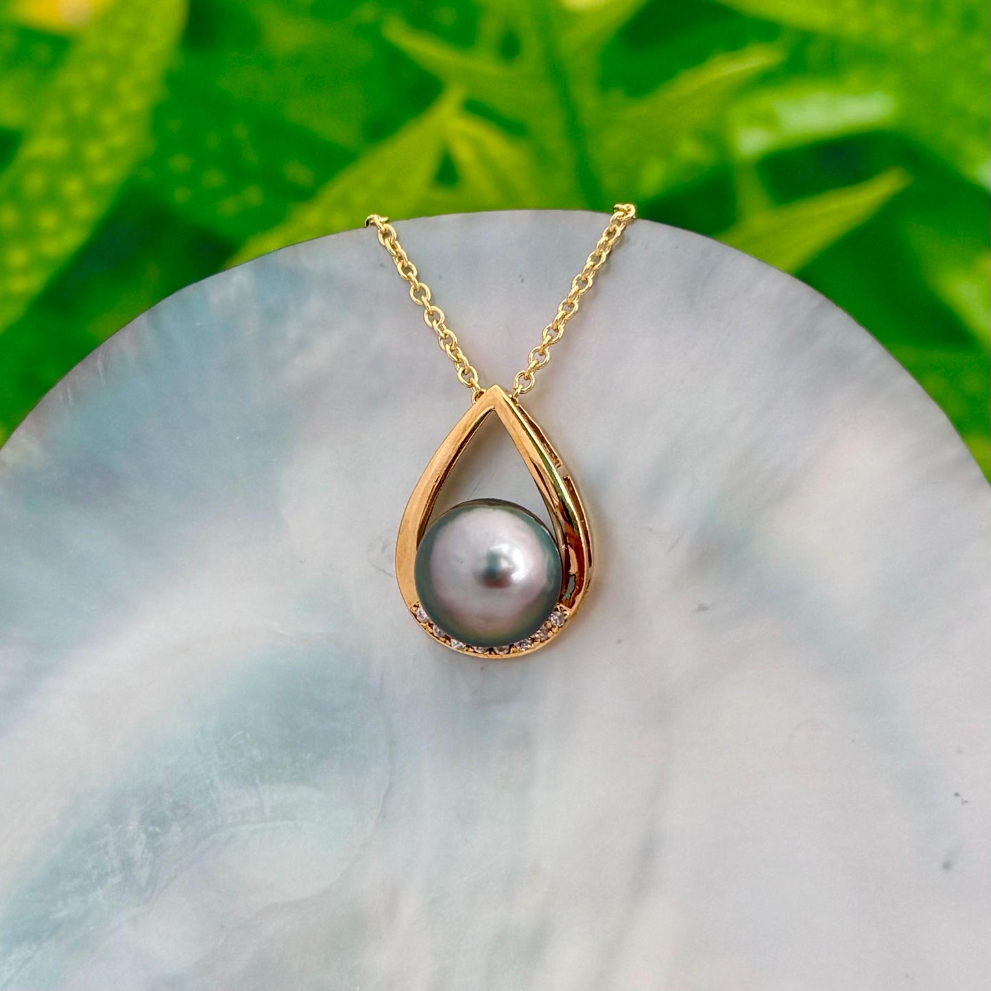 Teardrop Tahitian pearl pendant with beautiful peacock • Statement necklace with CZ
