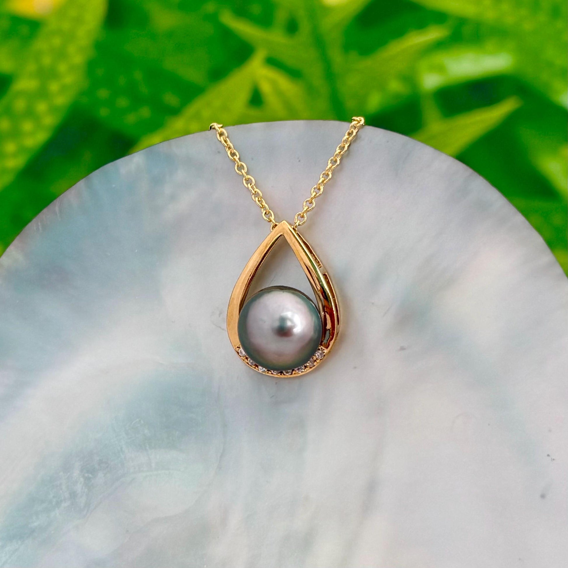 Teardrop Tahitian pearl pendant with beautiful peacock • Statement necklace with CZ