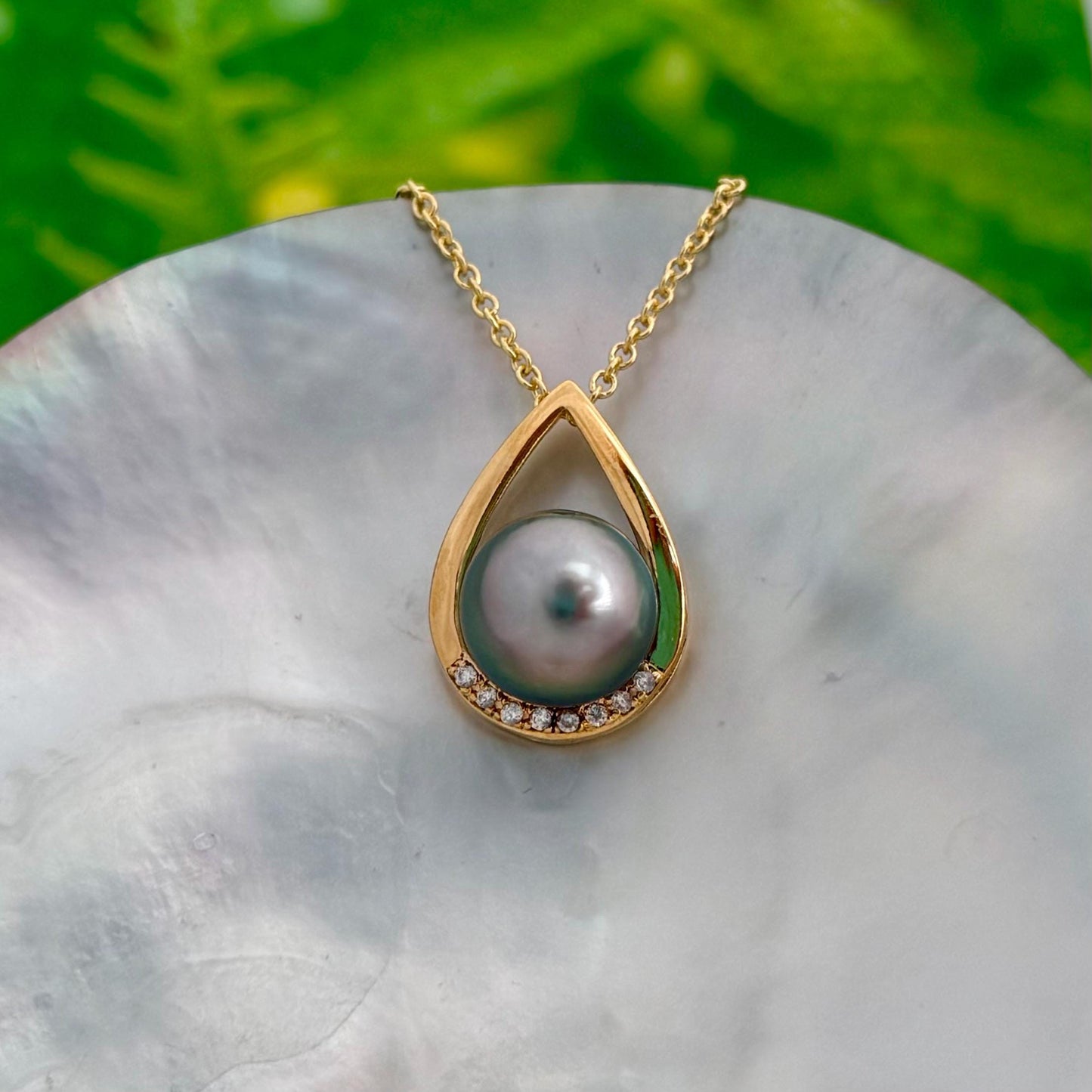 Teardrop Tahitian pearl pendant with beautiful peacock • Statement necklace with CZ