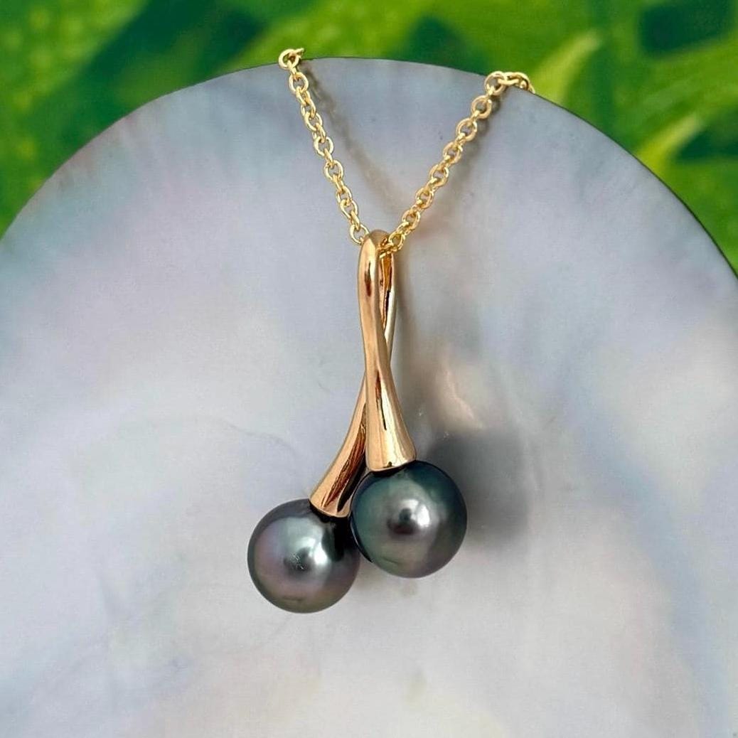 Tahitian pearl necklace • Duo pendant • Gold Double design • Peacock Green and Pink