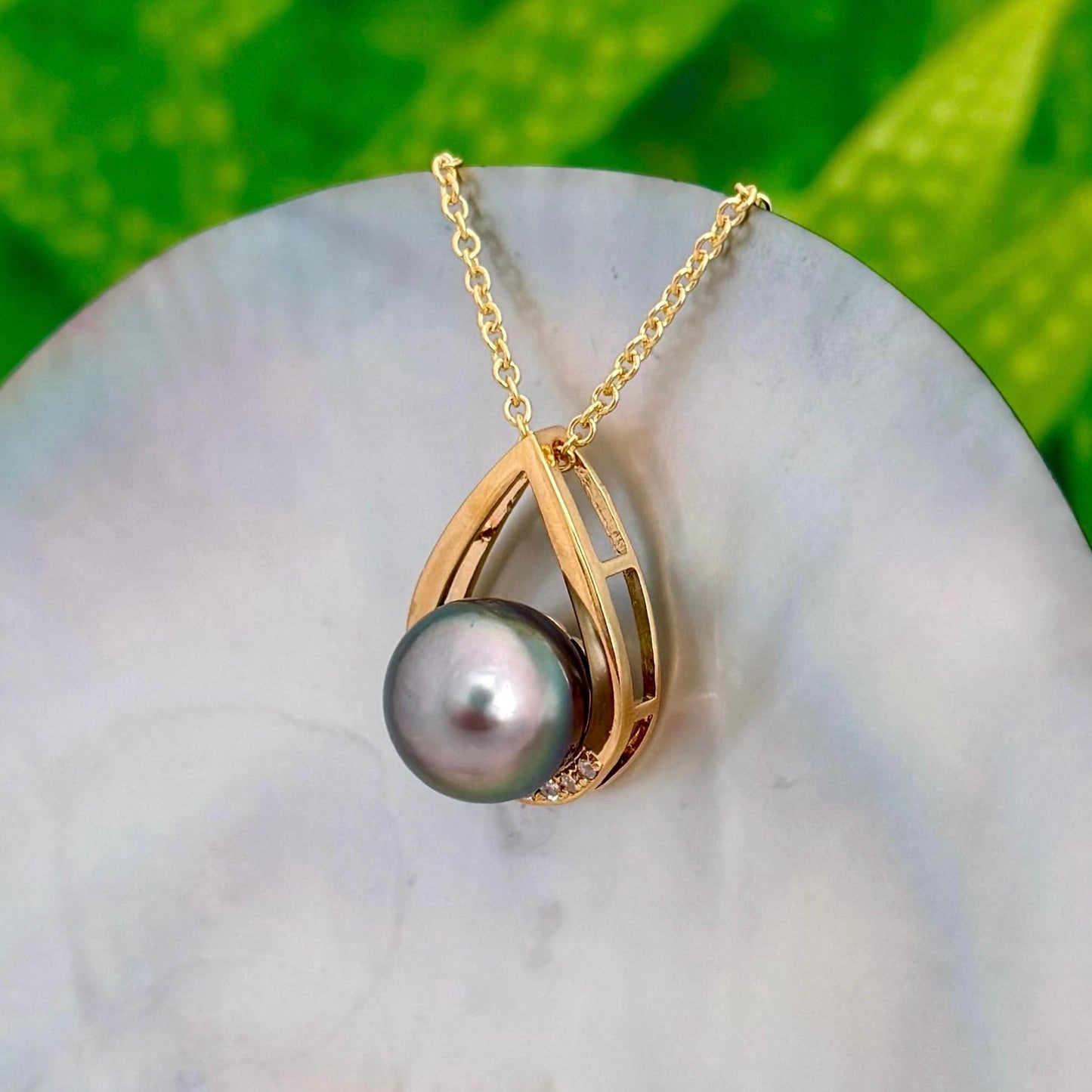 Teardrop Tahitian pearl pendant with beautiful peacock • Statement necklace with CZ