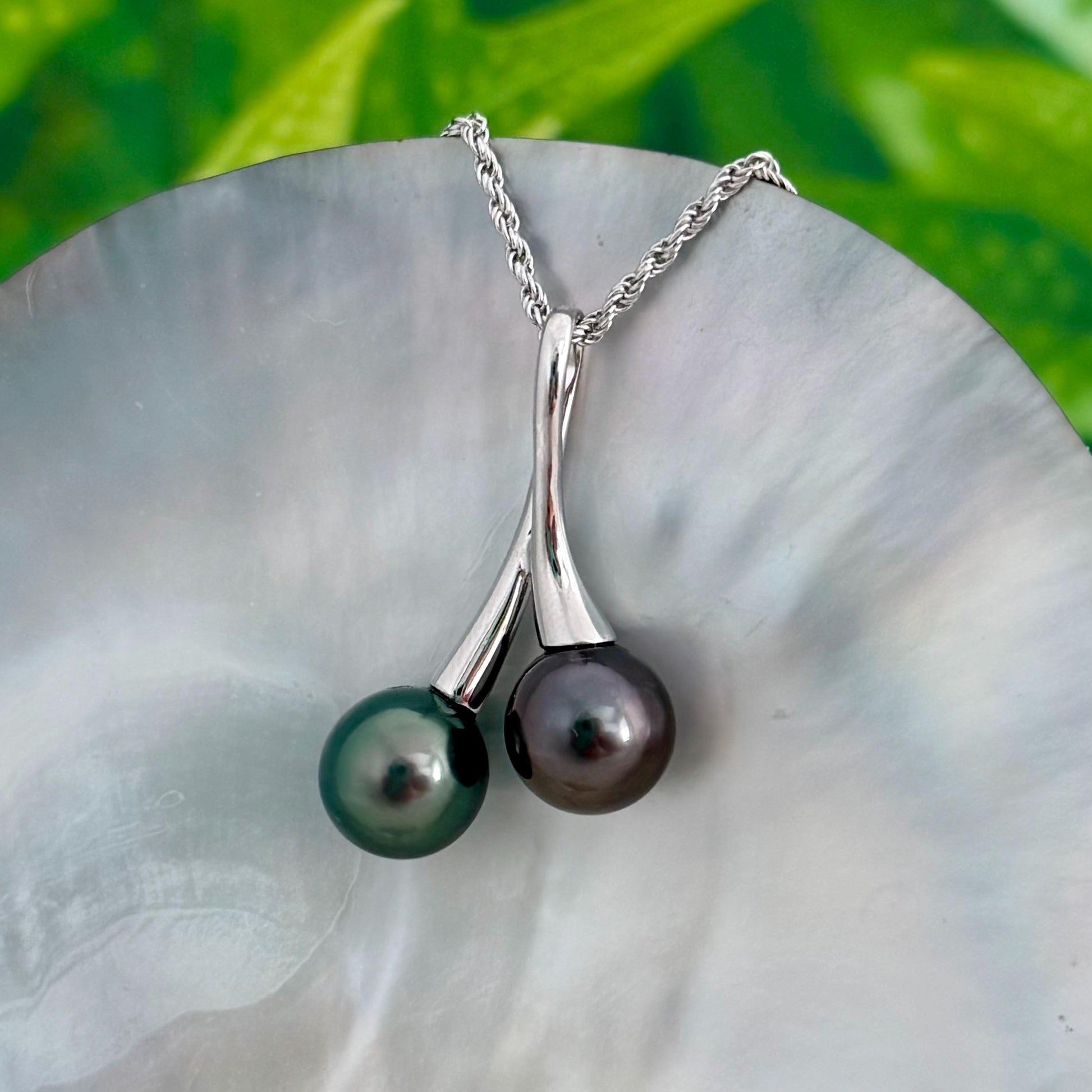 Tahitian pearl necklace • Double pearl pendant • Sterling silver You and Me design • Aubergine and Green