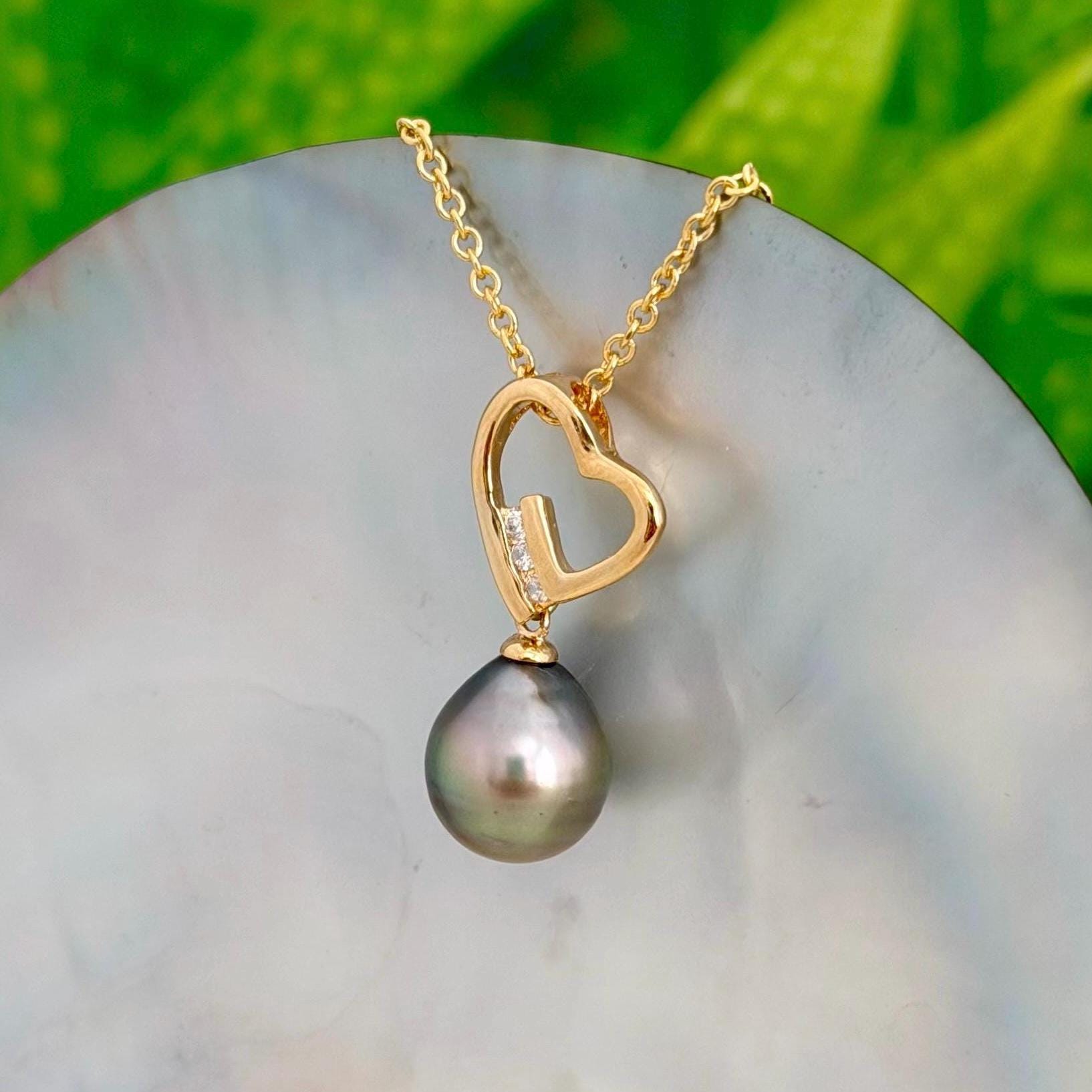 Tahitian Pearl Heart Necklace: Gold plated, CZ Accent pendant • Gold pearl