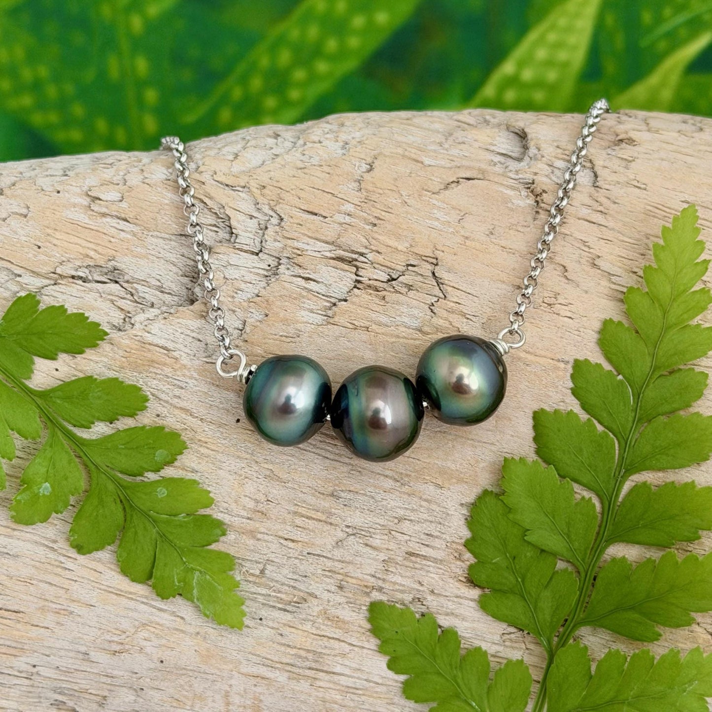 Tahitian Pearl Necklace – Triple Black Gems on Sterling Silver • Minimalist