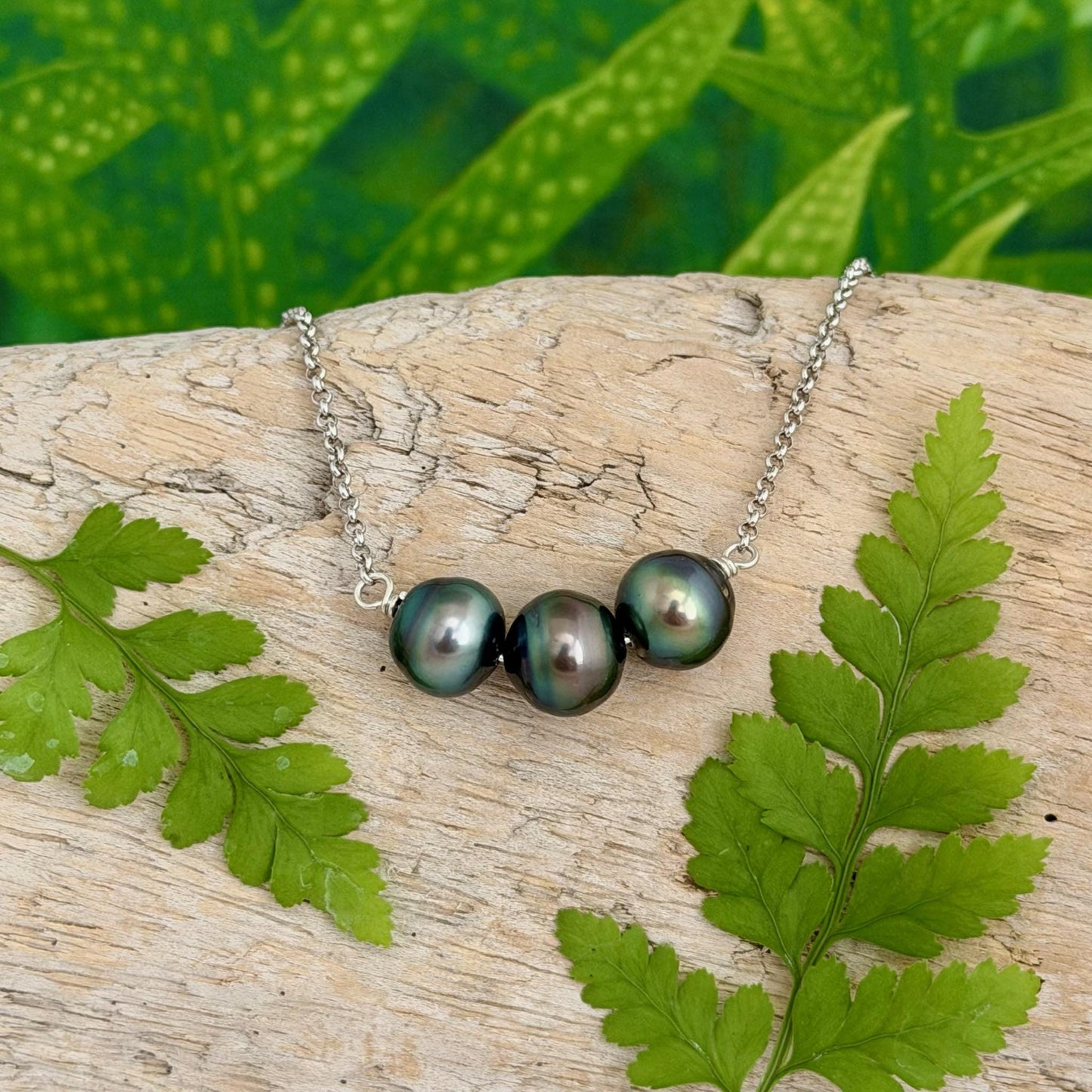 Tahitian Pearl Necklace – Triple Black Gems on Sterling Silver • Minimalist