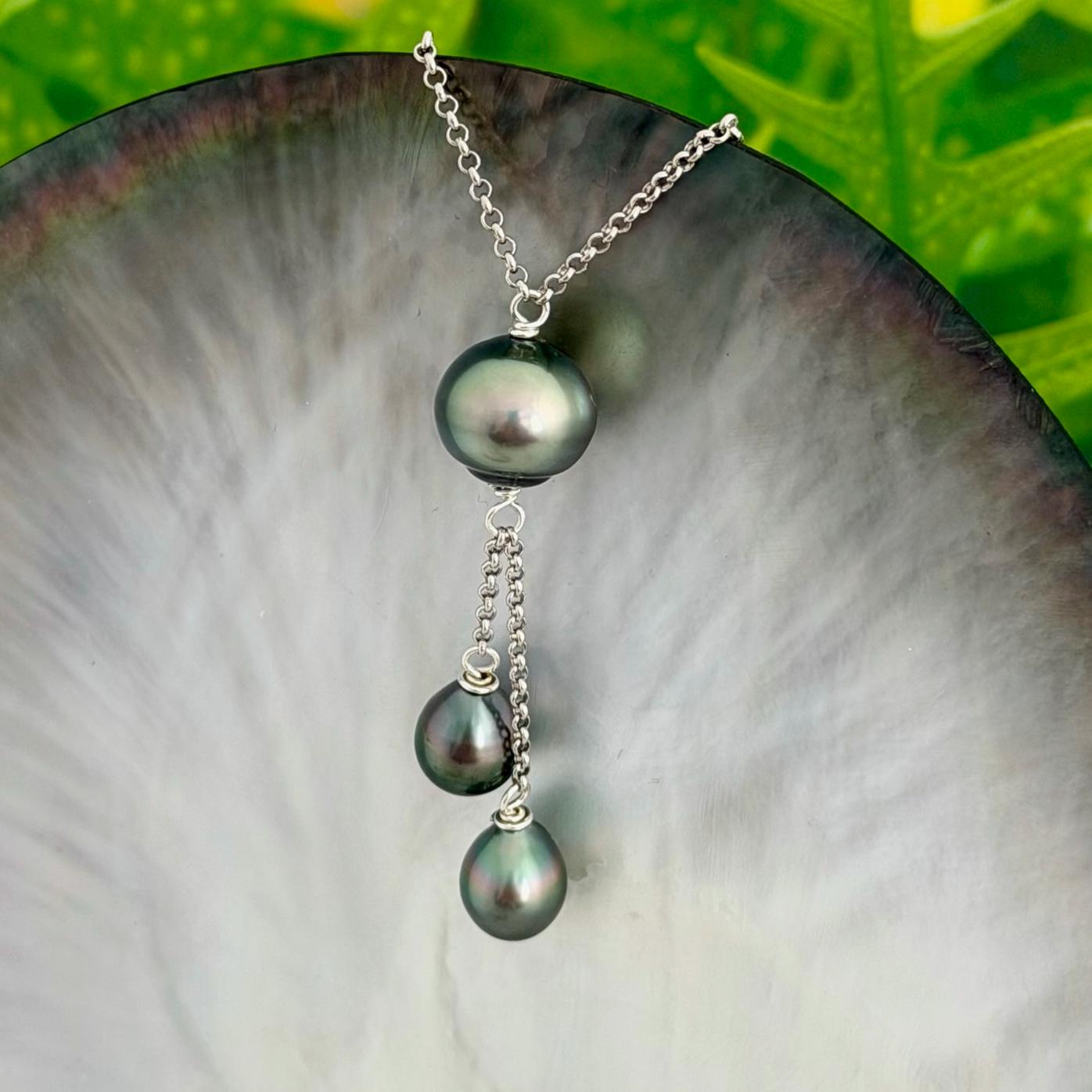 Tahitian pearl necklace with 3 pearls • Dangle Gold filled jewelry
