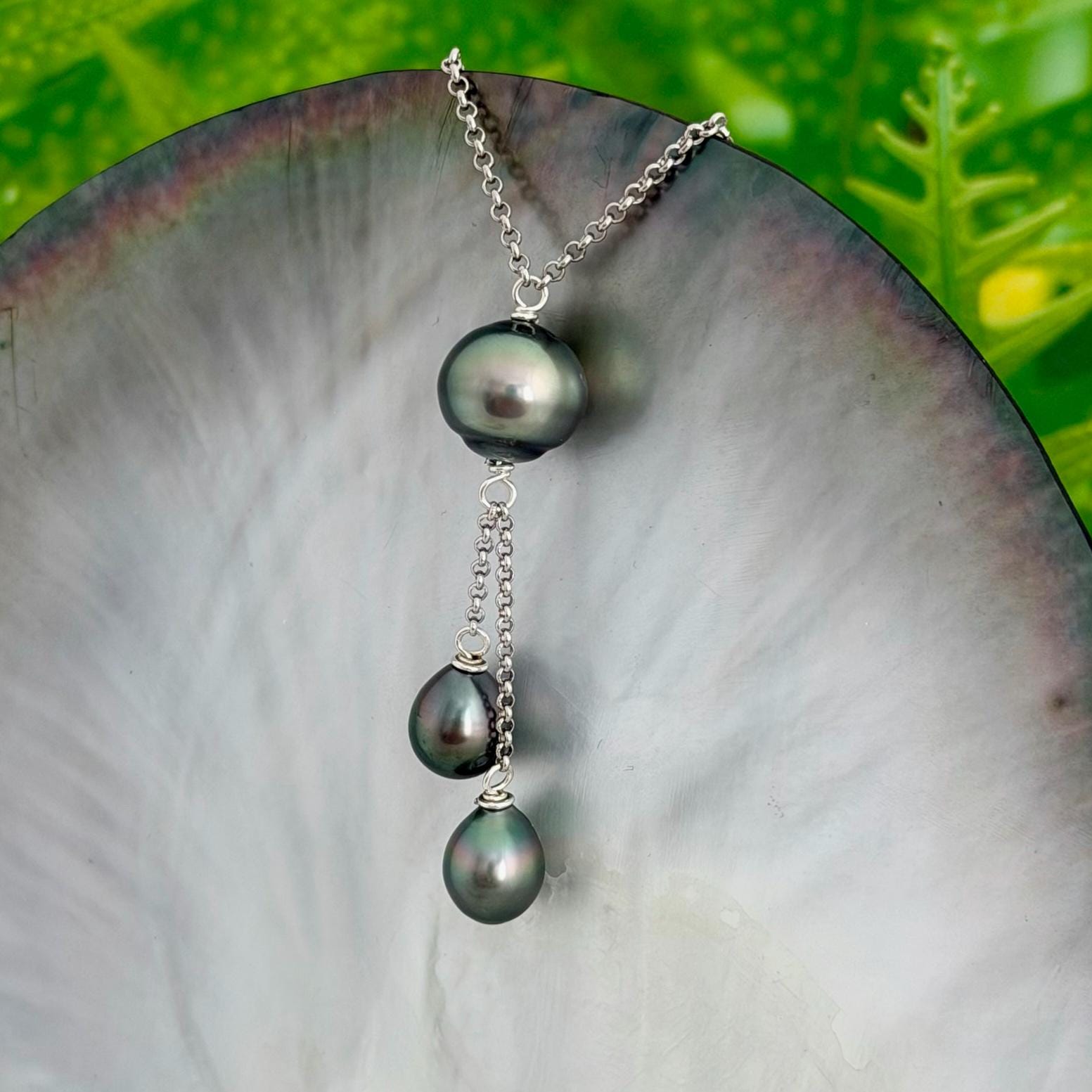 Tahitian pearl necklace with 3 pearls • Dangle Gold filled jewelry