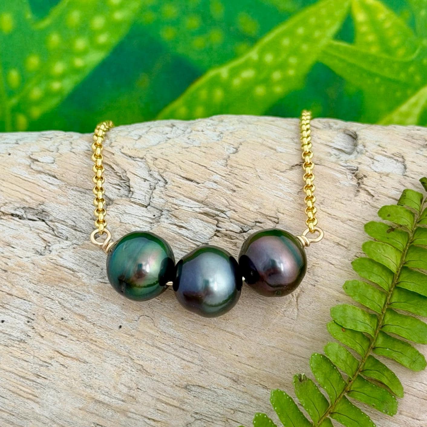 Tahitian pearl necklace 11mm+ multicolor — Purple Blue Pink Green color • Gold filled • Luxury jewelry