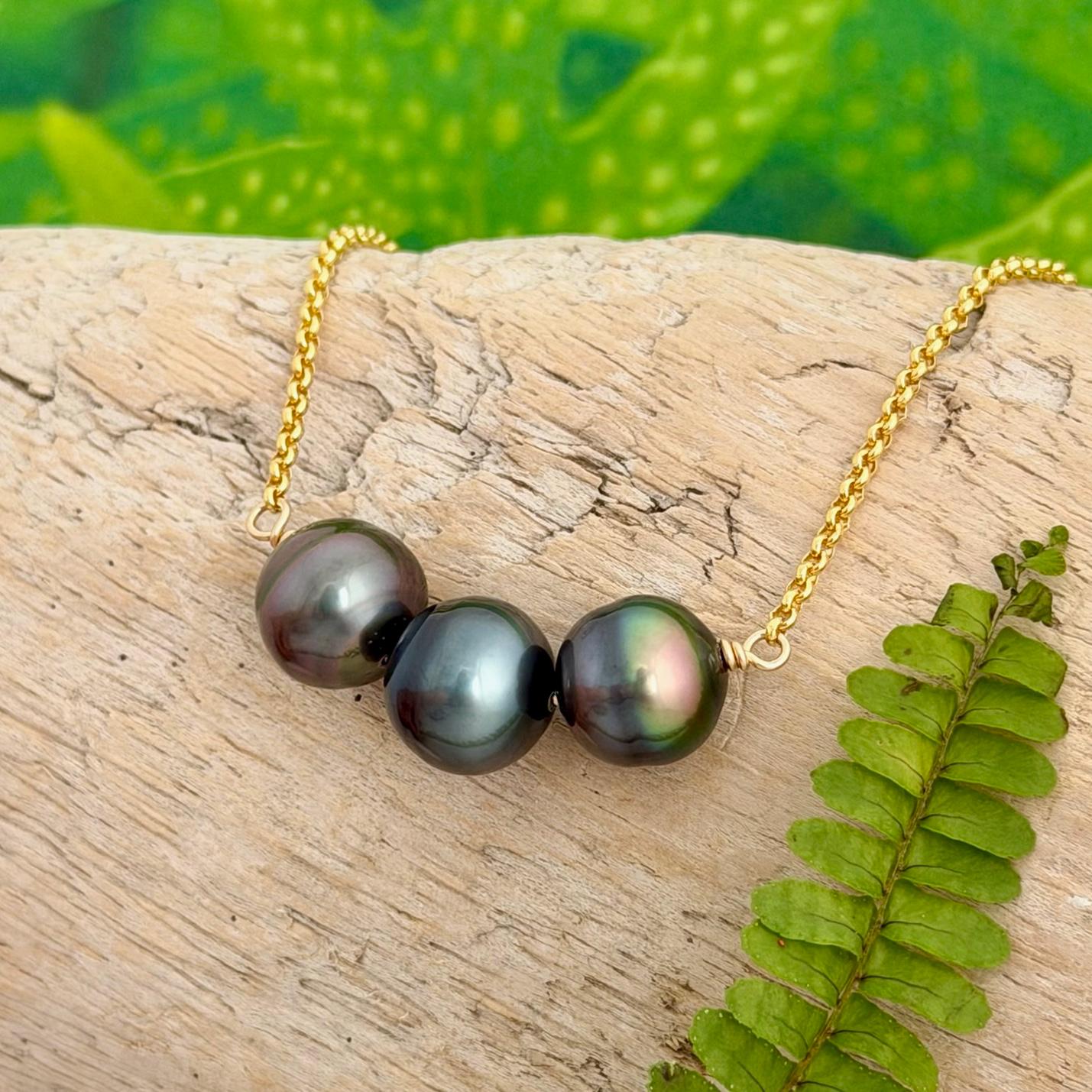 Tahitian pearl necklace 11mm+ multicolor — Purple Blue Pink Green color • Gold filled • Luxury jewelry