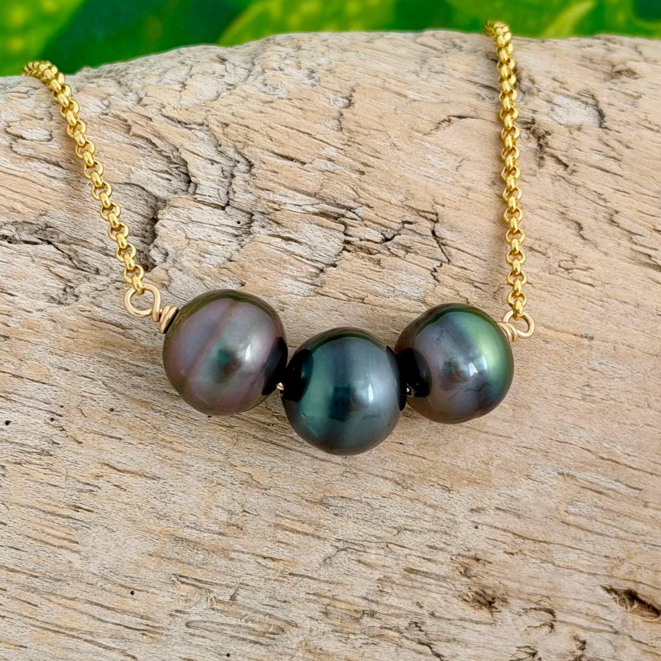 Tahitian pearl necklace 11mm+ multicolor — Purple Blue Pink Green color • Gold filled • Luxury jewelry
