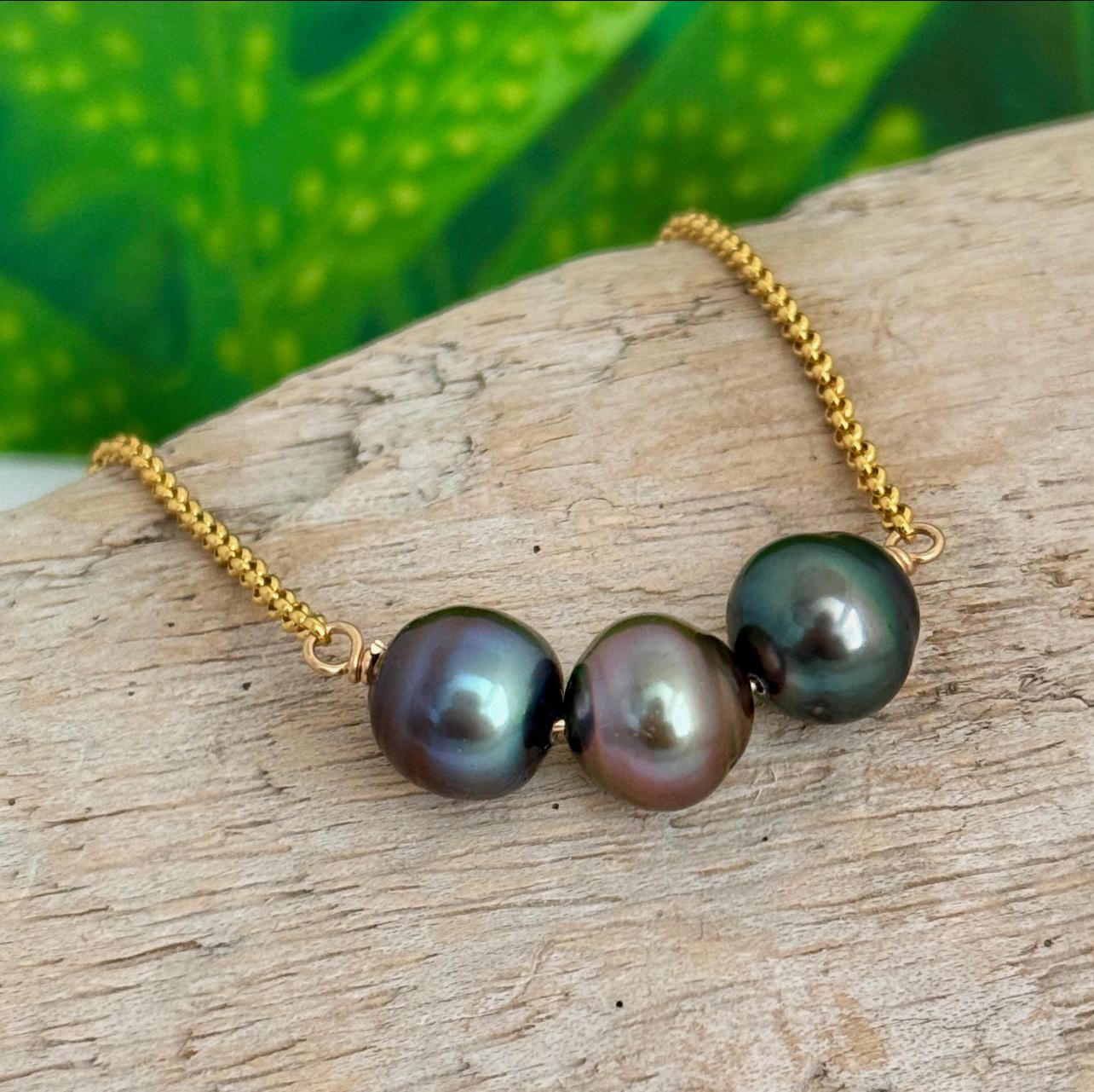 Tahitian pearl necklace 11mm+ multicolor — Purple Blue Pink Green color • Gold filled • Luxury jewelry