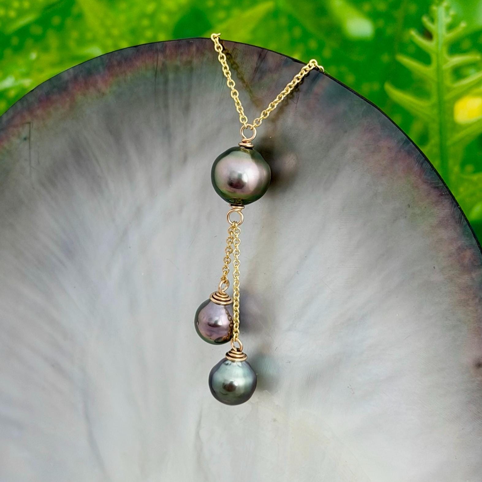 Multicolor Triple dangle Tahitian pearl necklace • Gold filled jewelry