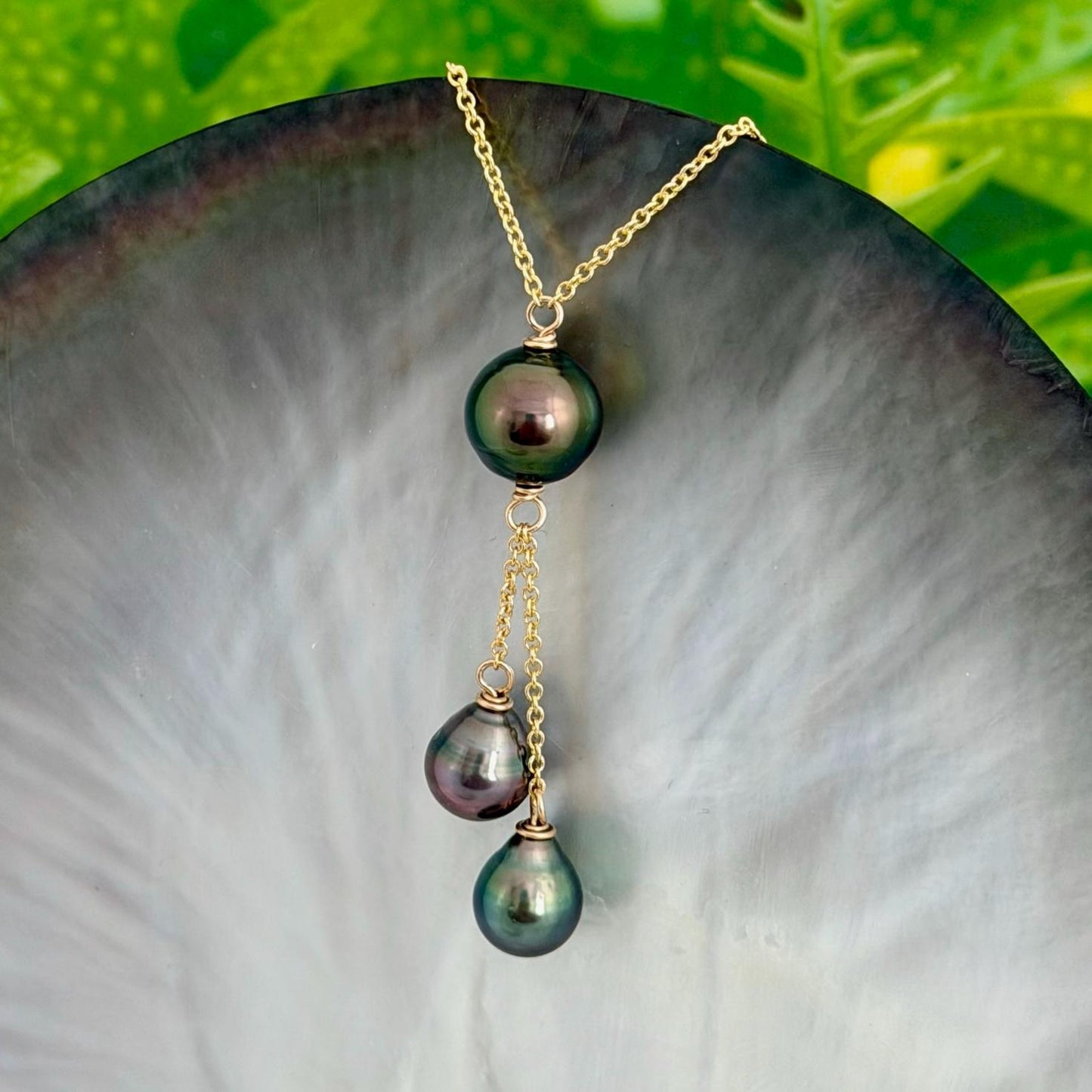 Multicolor Triple dangle Tahitian pearl necklace • Gold filled jewelry