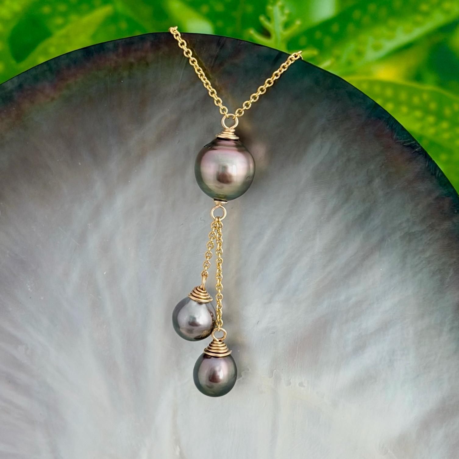 Multicolor Triple dangle Tahitian pearl necklace • Gold filled jewelry