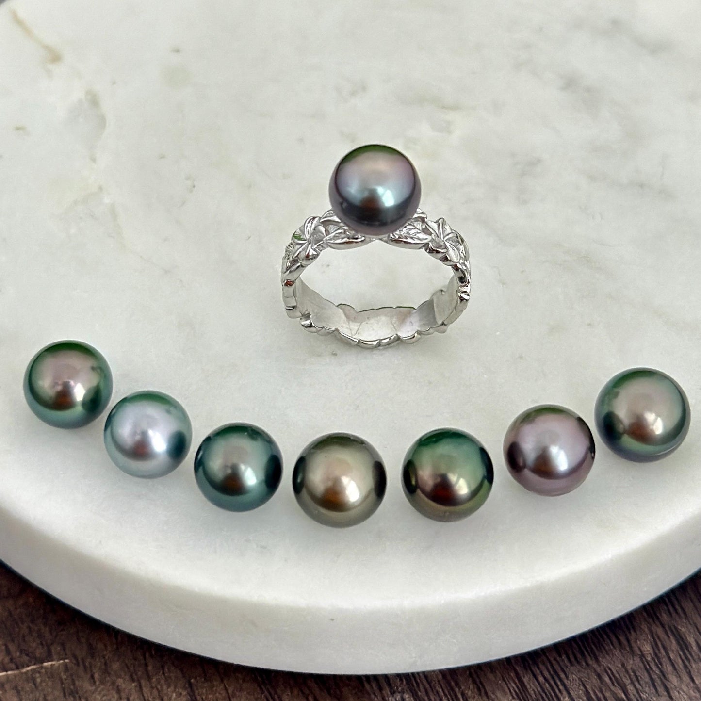 Tahitian pearl heirloom plumeria ring in sterling silver