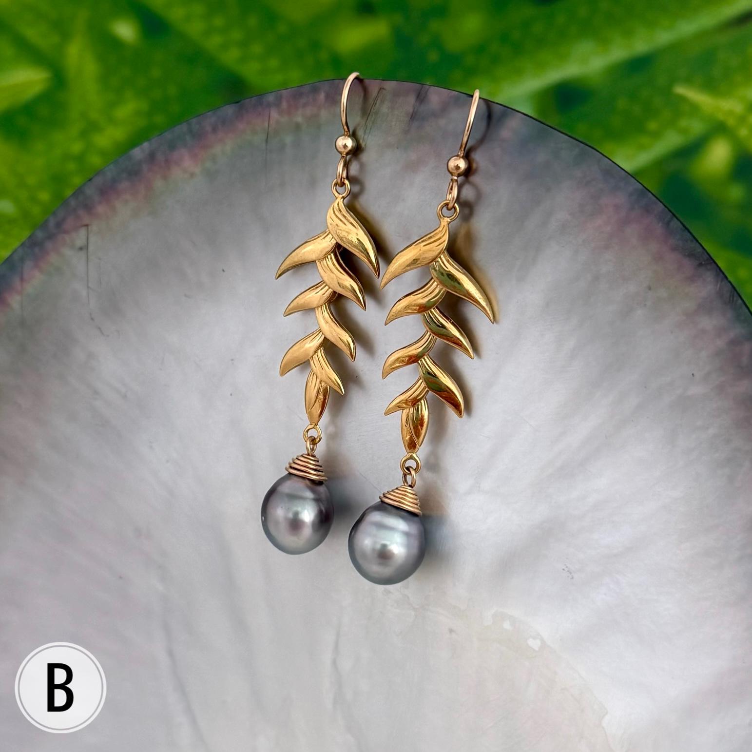 Tahitian Pearl Dangle Earrings: Gold plated Heliconia Leaf Drop Jewelry